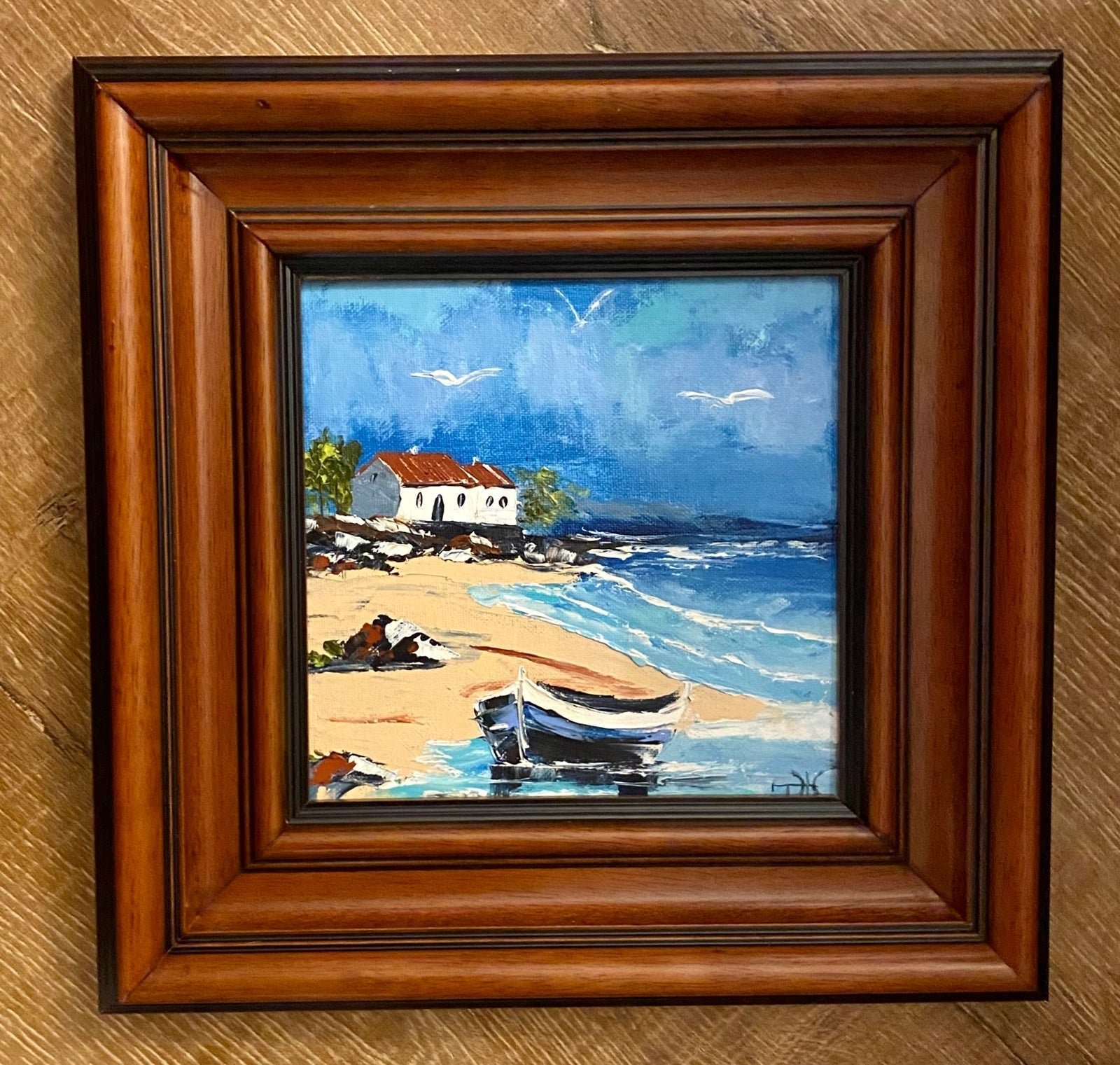 Framed Signed Original Impasto Seascape Boat Structure Oil Painting on Canvas