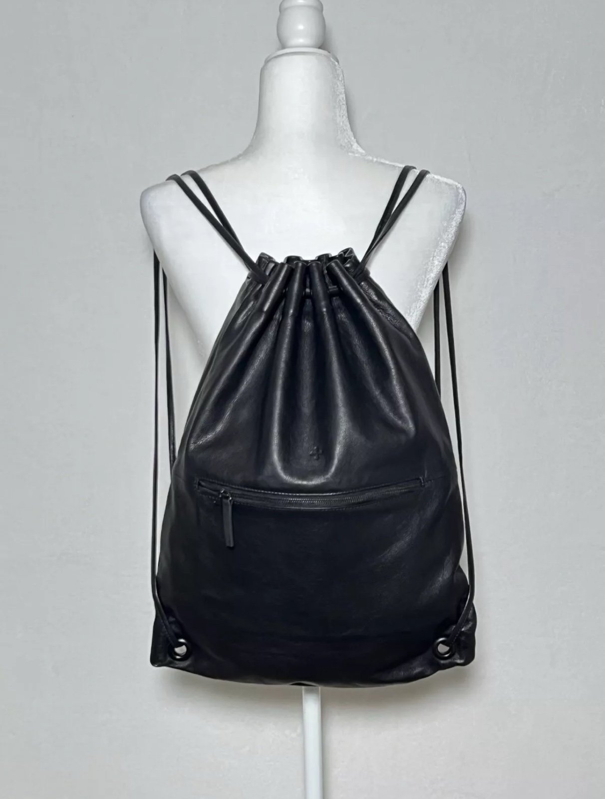 MARIE TURNOR Black Pebbled Leather Drawstring Backpack