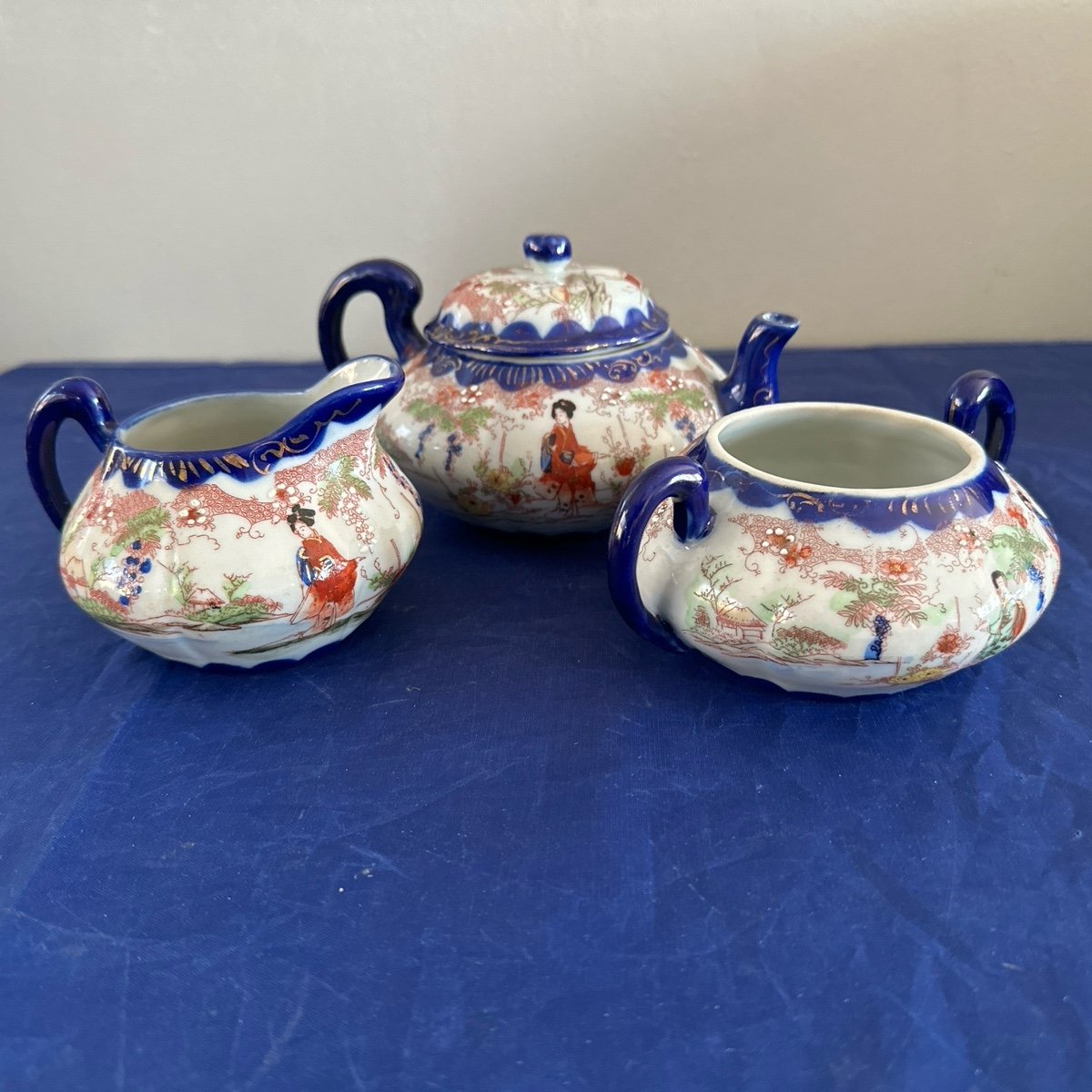 Asian Geisha Girls Kutani Covered Teapot with Creamer and Sugar Bowl