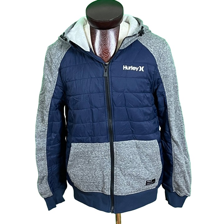 Hurley Mens Putnik Puffer Sweat Hoodie Jacket Navy Blue Gray Heathered SM NEW