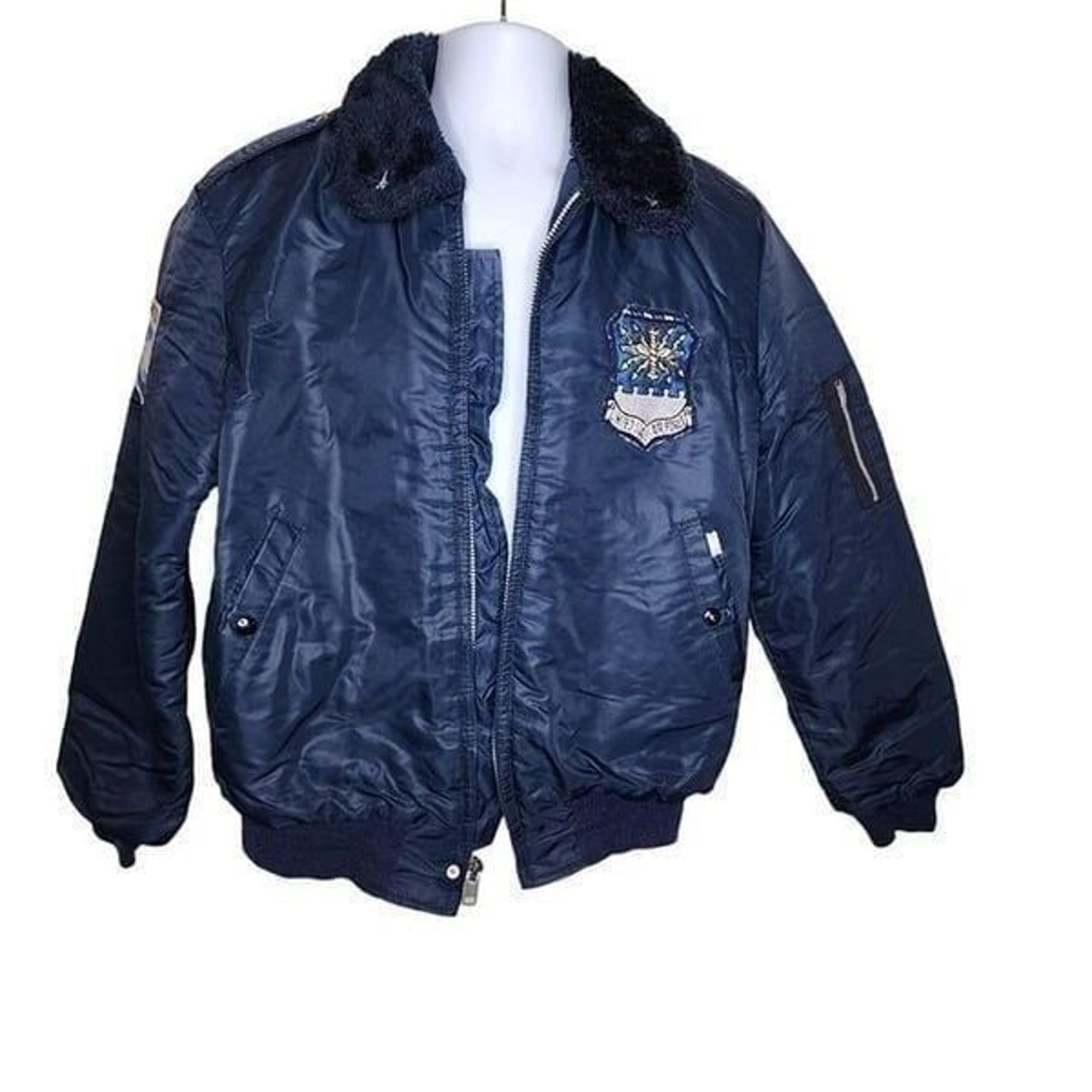 Vintage 70s Timber King Bomber Faux Fur Collar Jacket Mens Size M Navy Blue USAF - American Vintage