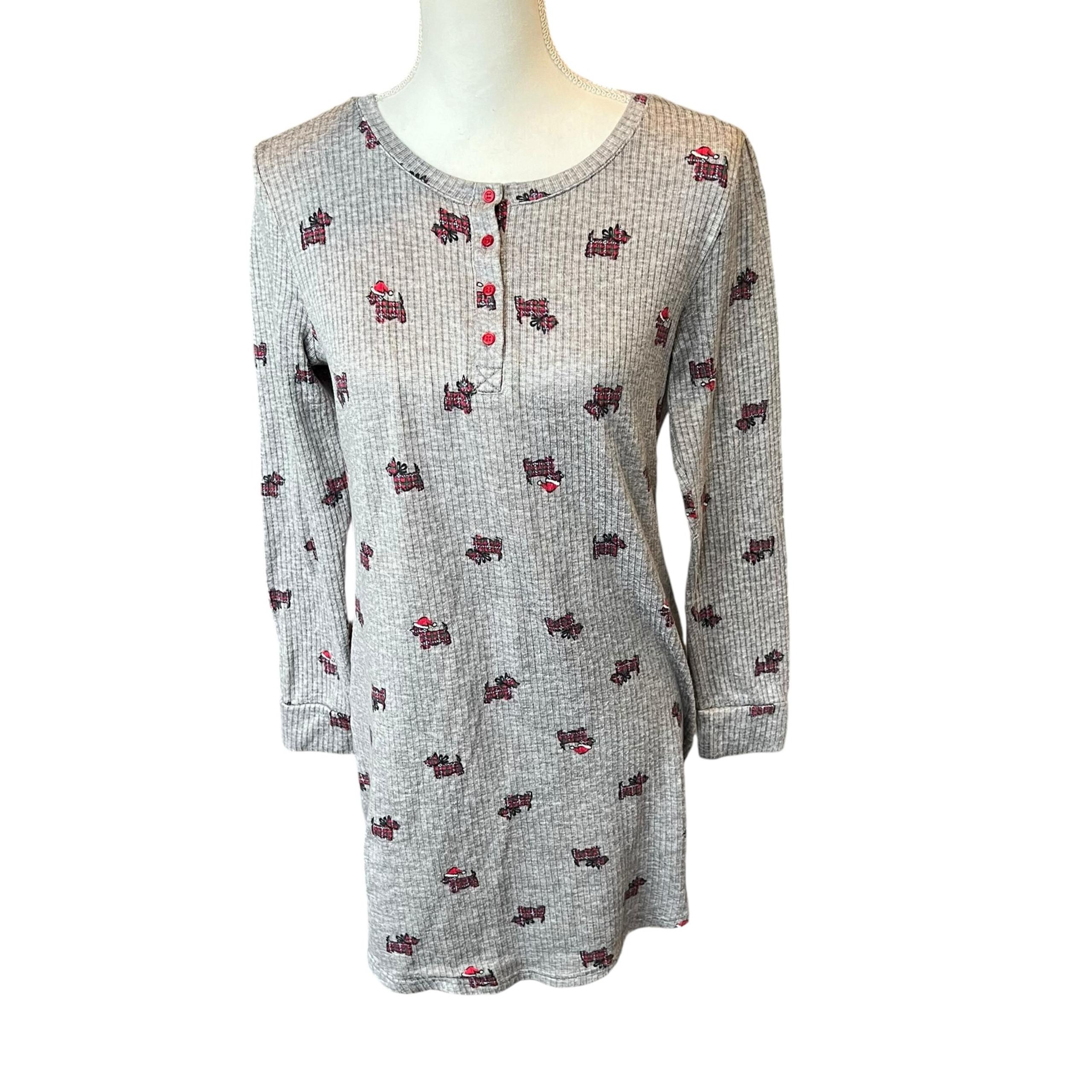 gray Henley sleep shirt nightgown Christmas terrier women small - Laura Ashley