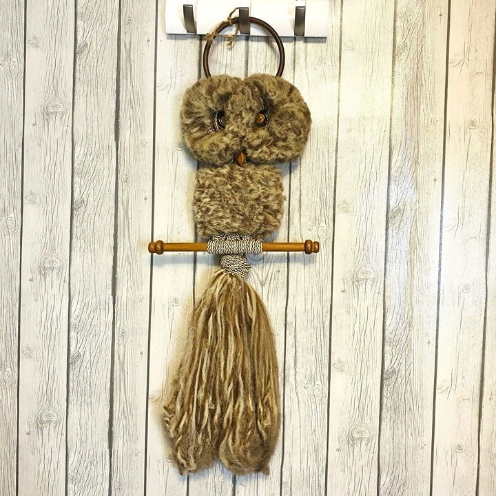 Vintage Macrame Owl Mid Century Modern Boho Wall Hanging Ceramic Eyes & Beak