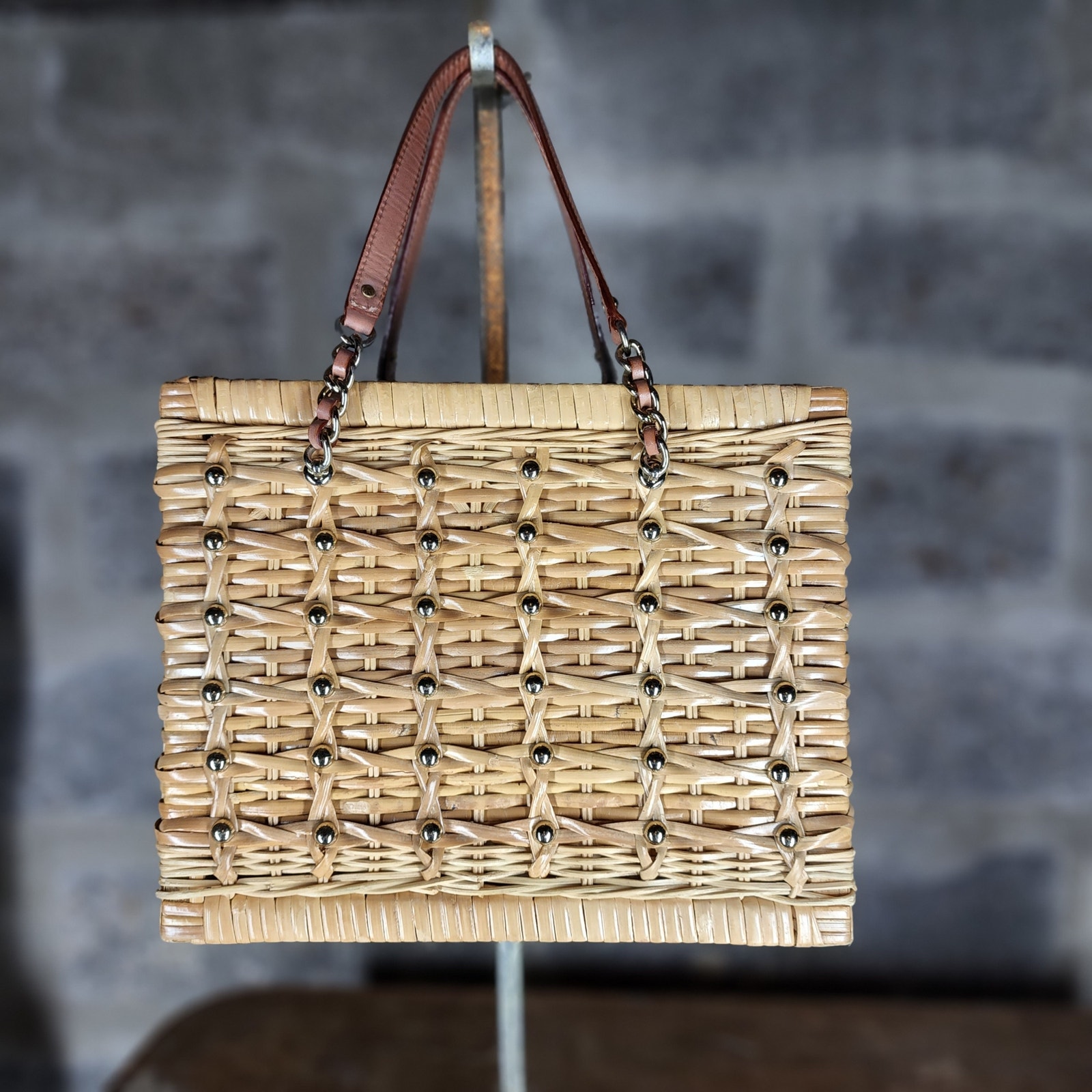 KATE SPADE brown wicker rattan double handle structured bag purse