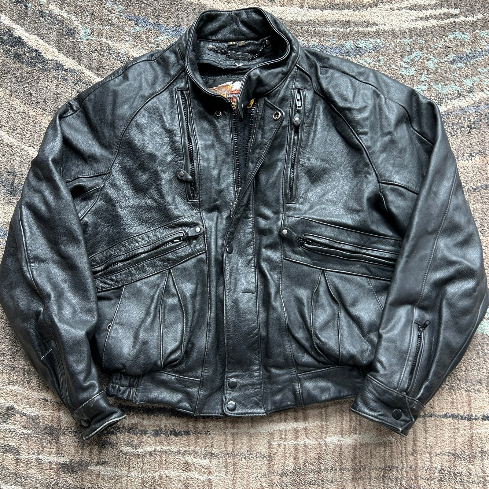 Men's Harley Davidson Motorcycles Black Leather Riding Performance Jacket Sz 44