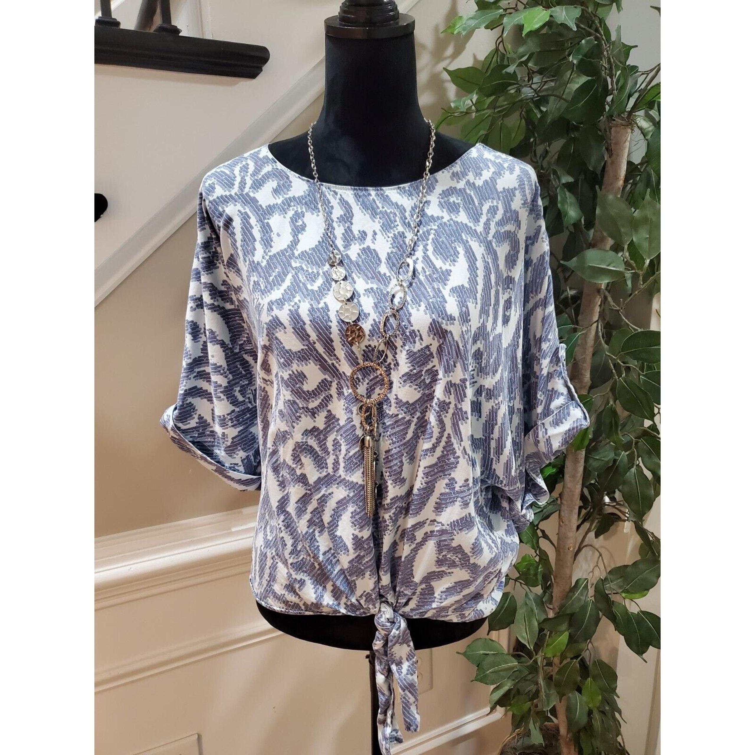 Andrew Marc Womens Blue 100% Tencel Crew Neck Short Sleeve Top Blouse Size Large