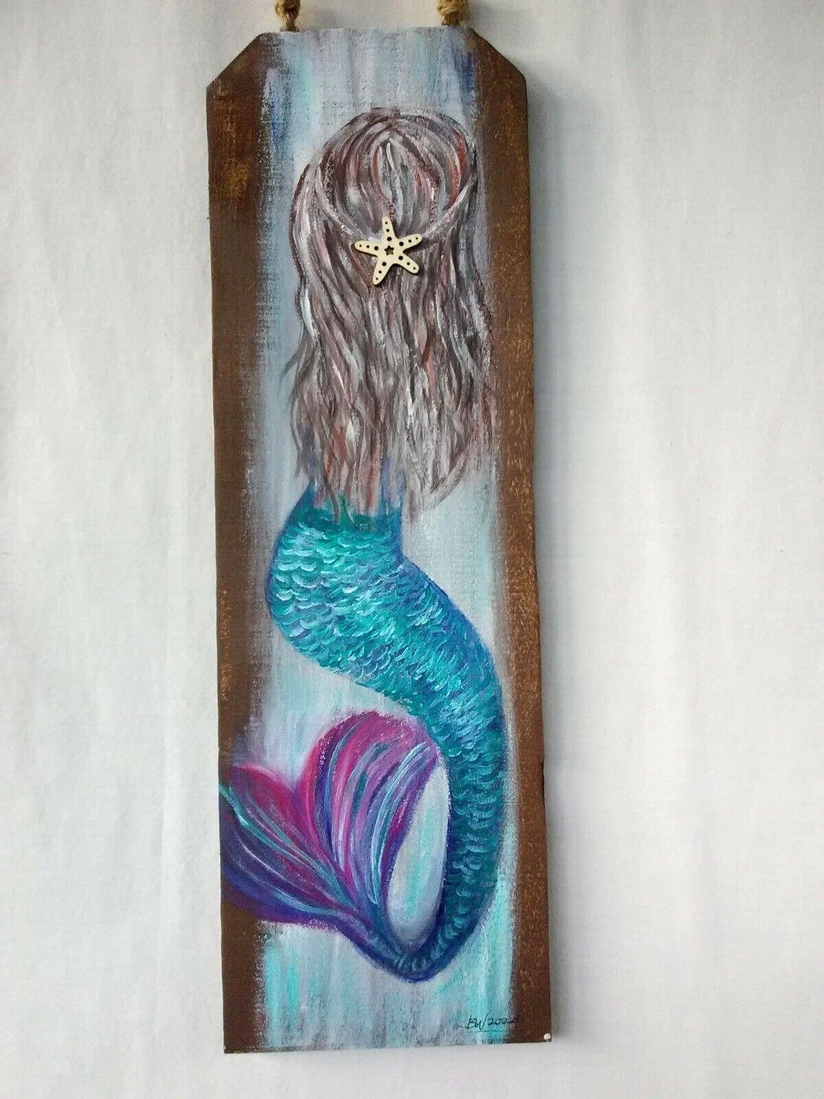 Hand Painting Wood 5.75"x18" Mermaid Beach Coastal Seaside Decor
