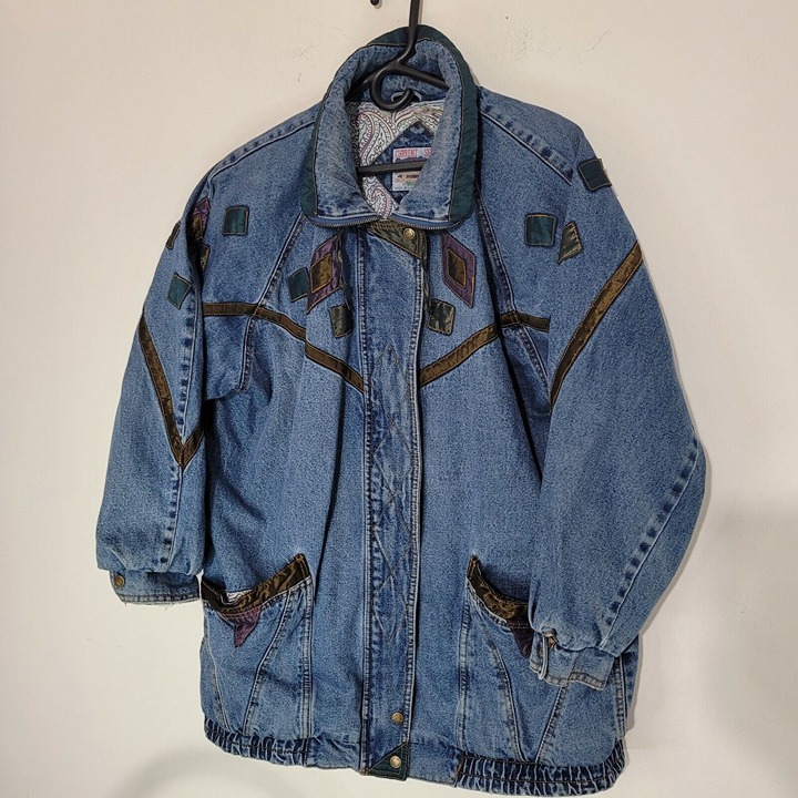 Vtg MCM 1980s Current Seen Acid Wash Denim Tapestry Bomber Jacket L Geometric