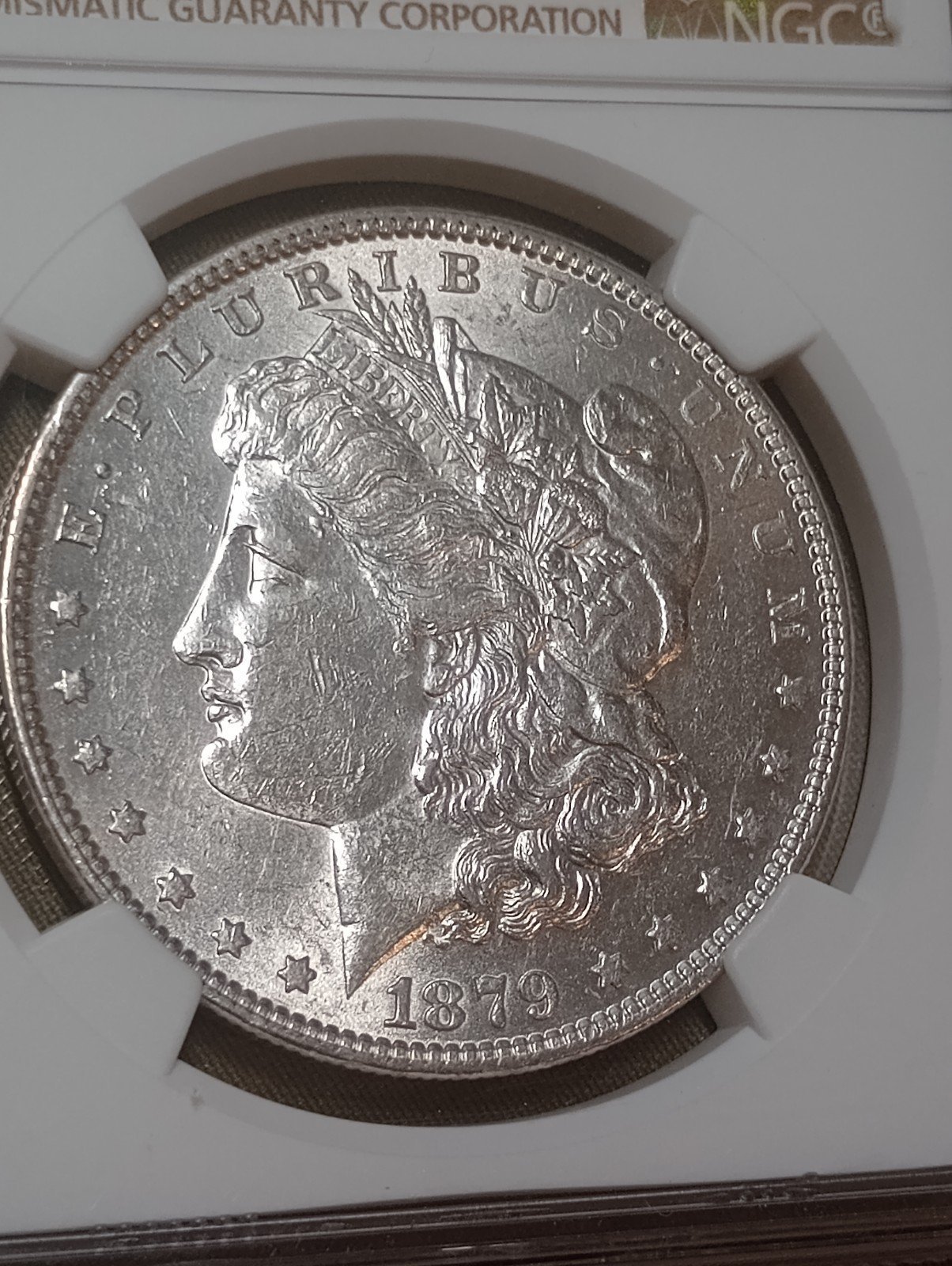Silver 1879 $1 AU55 graded Morgan silver dollar beautiful