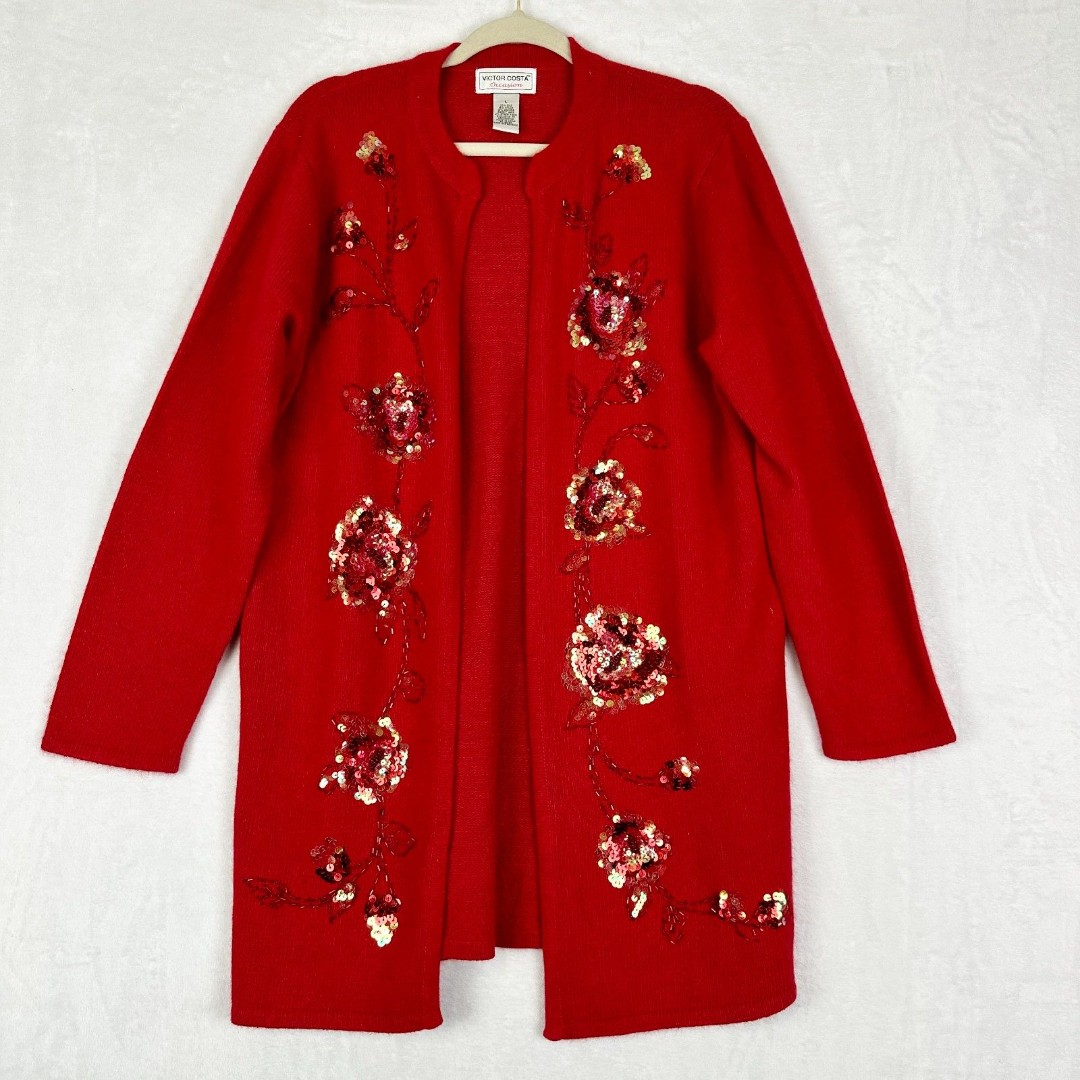 Victor Costa Vintage Silk Angora Cardigan Size Large Beaded Sequins Red Open