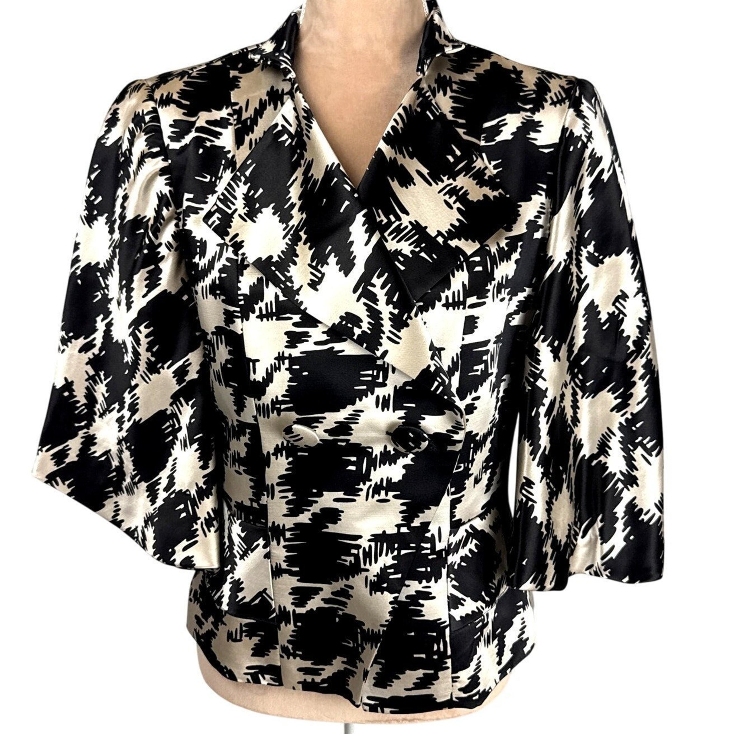 Trina Turk Womens Sz 12 Jacket Wool Silk Blend Black White Lined Blazer