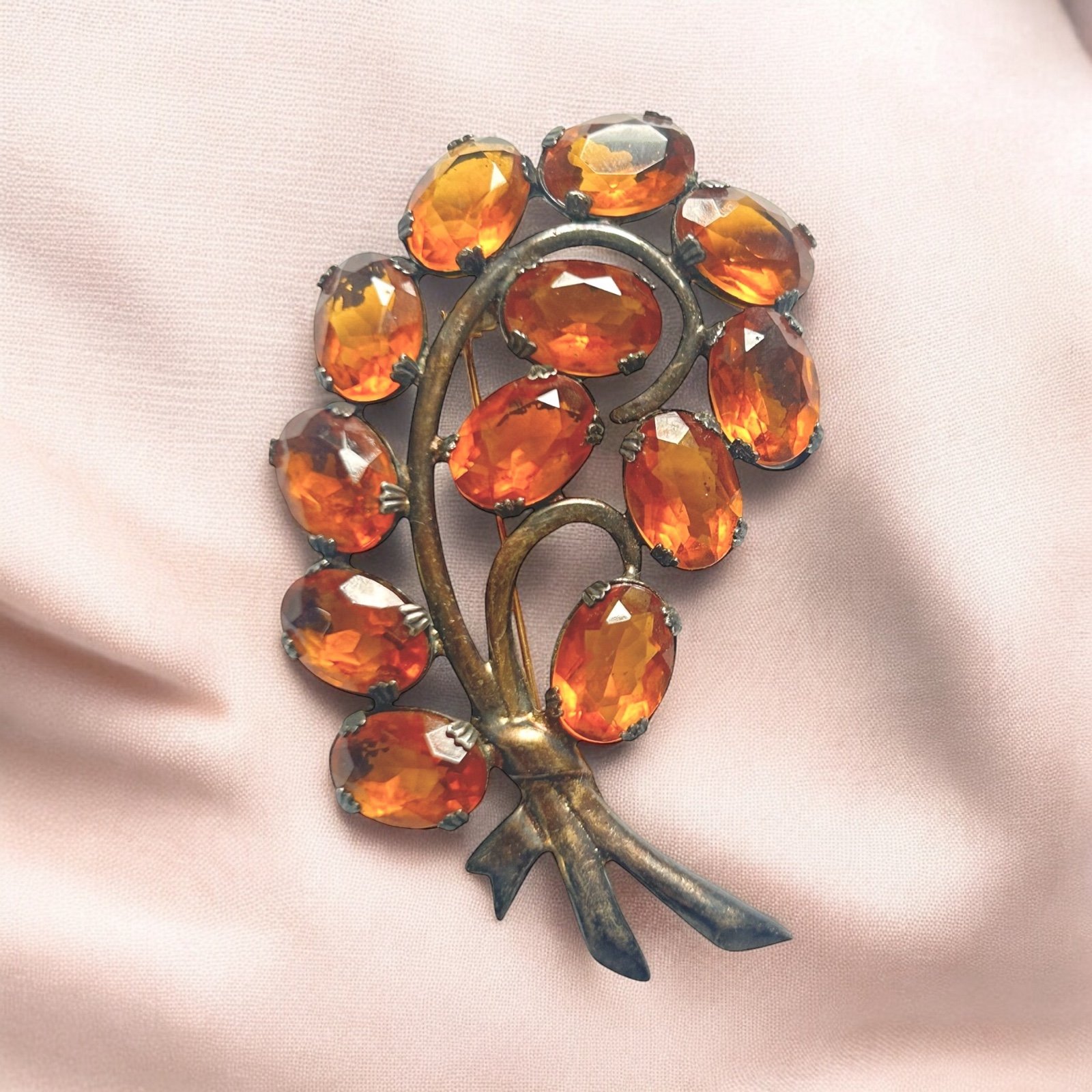 Vtg 3 925 Sterling Silver Orange Citrine Glass Flower Bouquet Pin Brooch