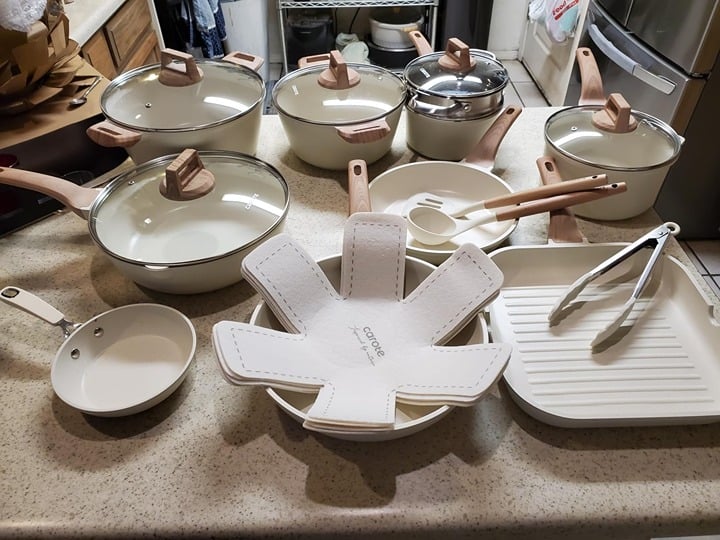 21Pcs Nonstick Cookware Pots and Pans Set, (PFOS, PFOA Free) White Granite