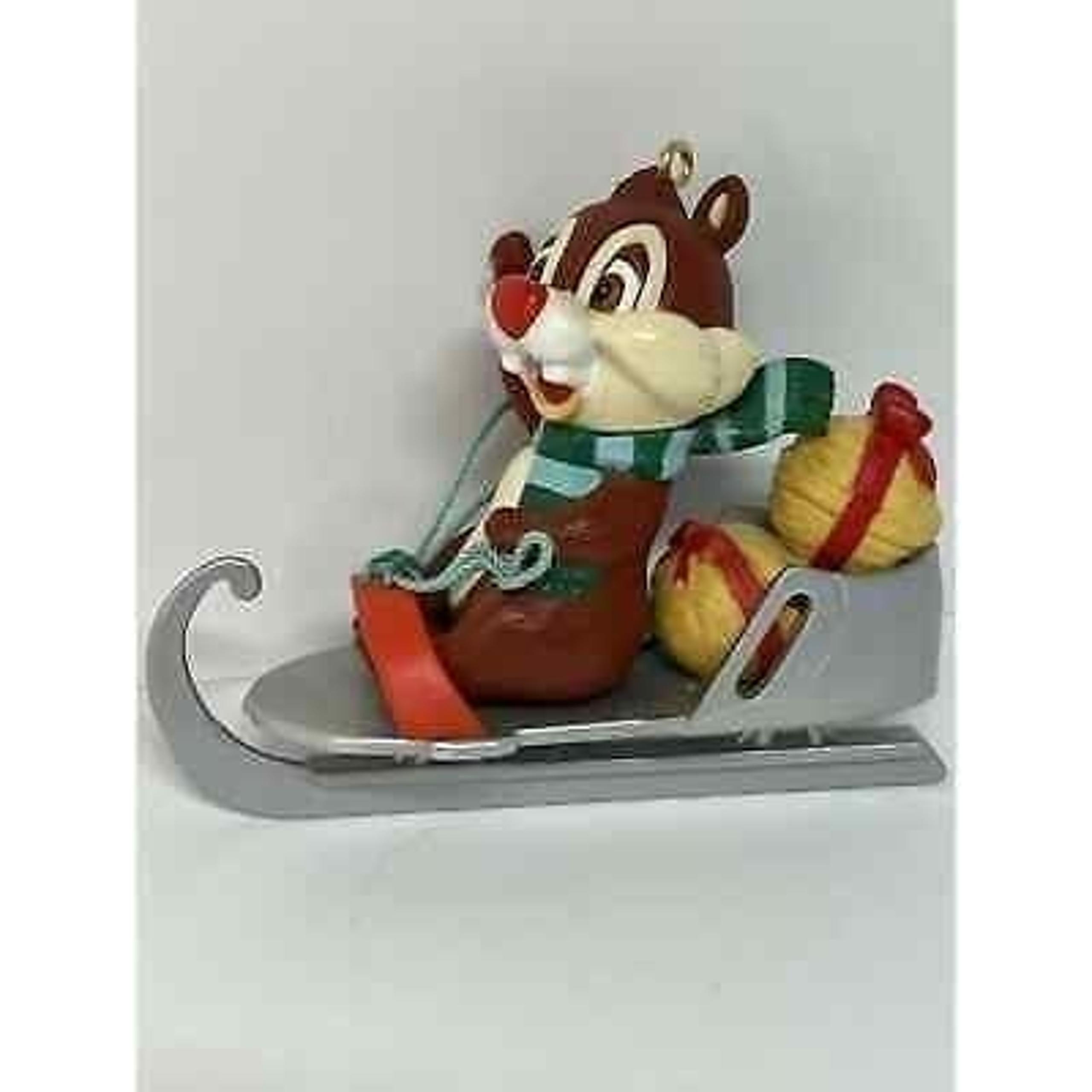 Disney Christmas Magic Ornament Figure 3" Chip Dale Sledding Acorns 1989 Vintage