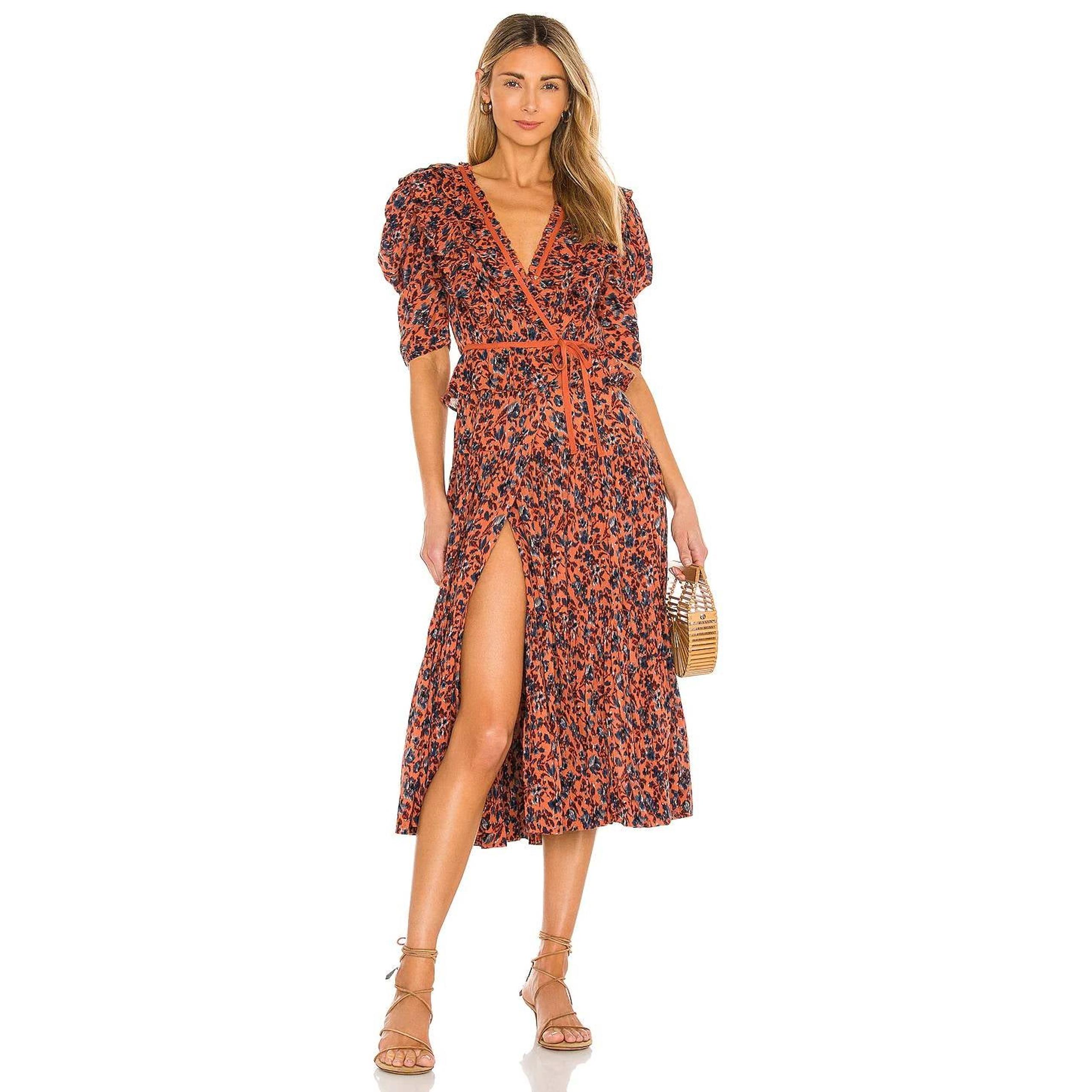 NWT Ulla Johnson Lisette Wrap Tie Ruffled Midi Dress Floral Rosewood V Neck
