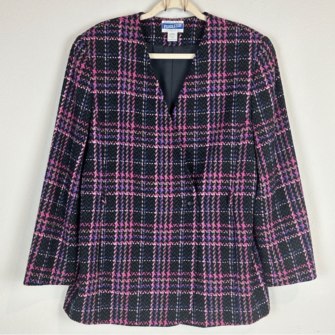 VTG Pendleton Black Pink Plaid Wool Blazer 10