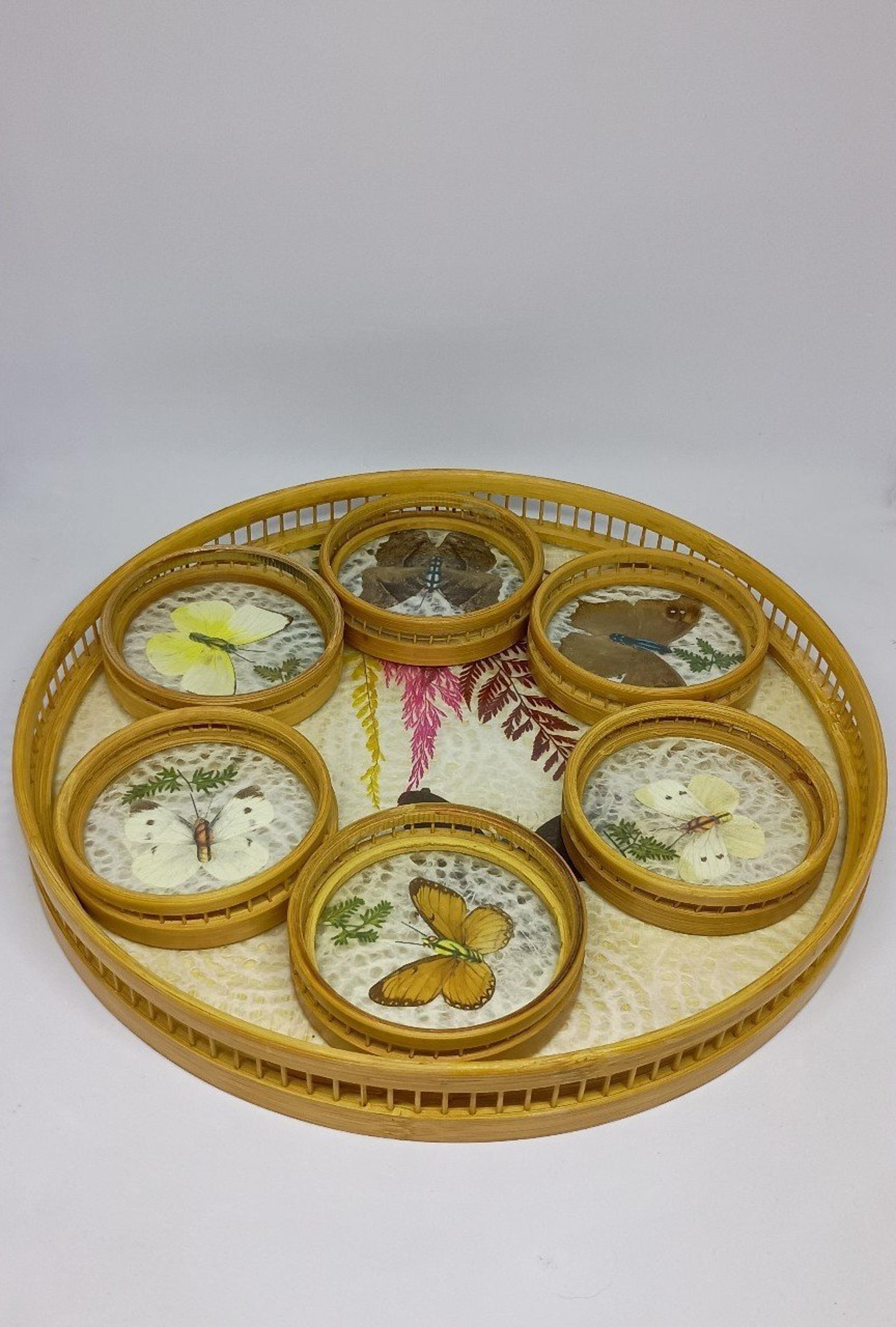 Vintage 1970-80s Jan Mor 7-Piece Bamboo Butterfly Coaster Set & Serving Tray