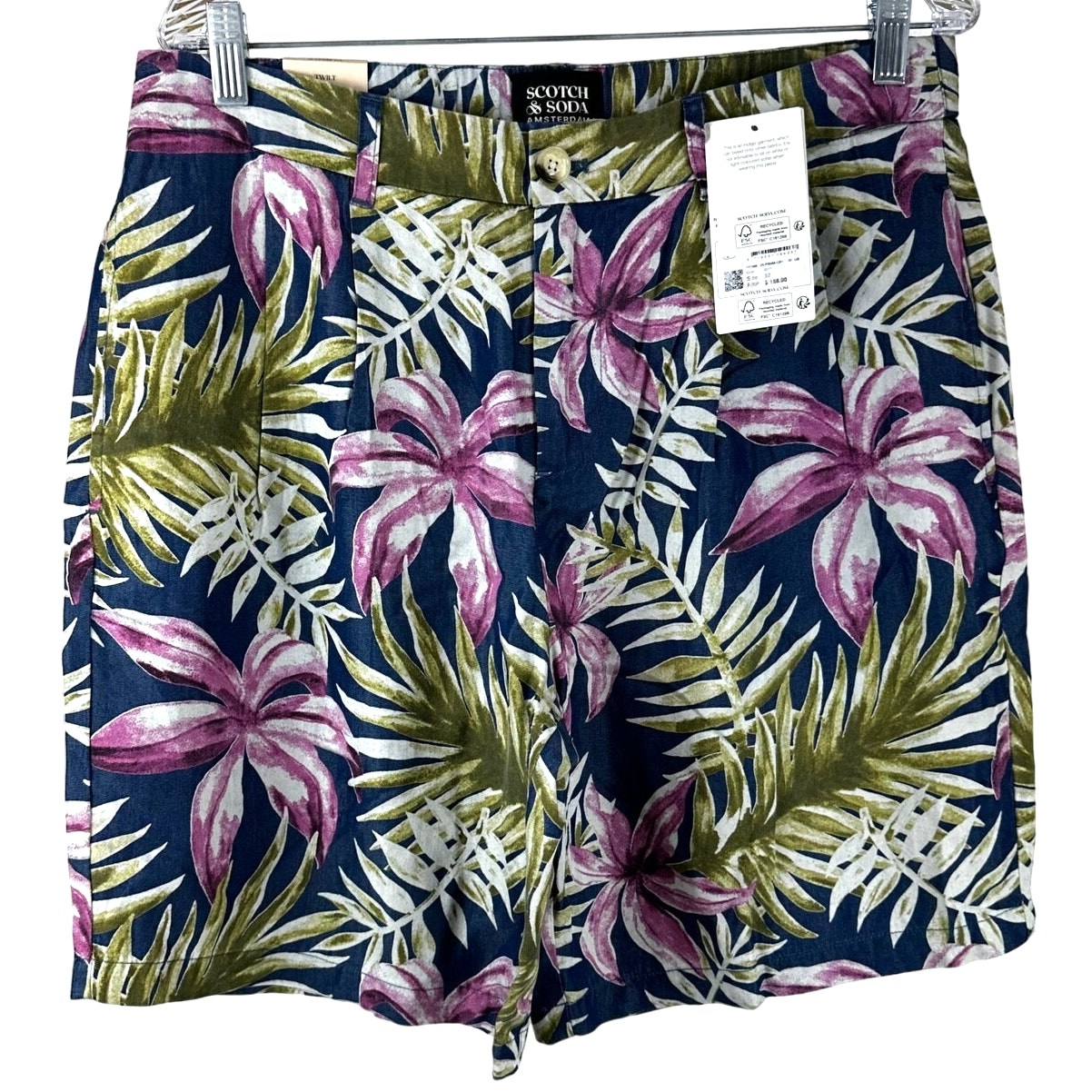 Scotch & Soda Men's Blue Floral Twilt Pleated Loose Fit Shorts Size 32 NWT