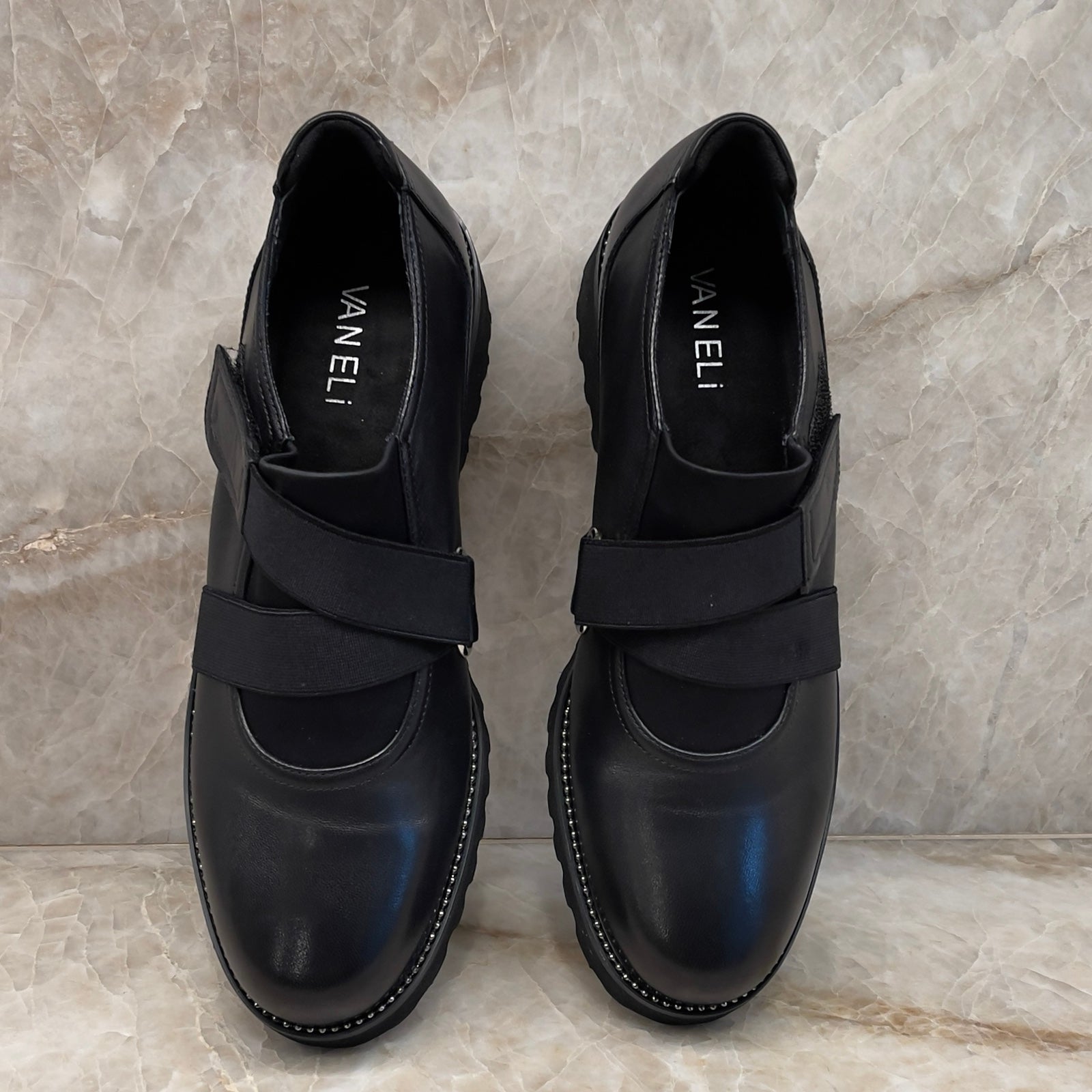Vaneli Women Size 8N Black Soft Leather Lug Sole Shoes Mary Janes Slip On style.