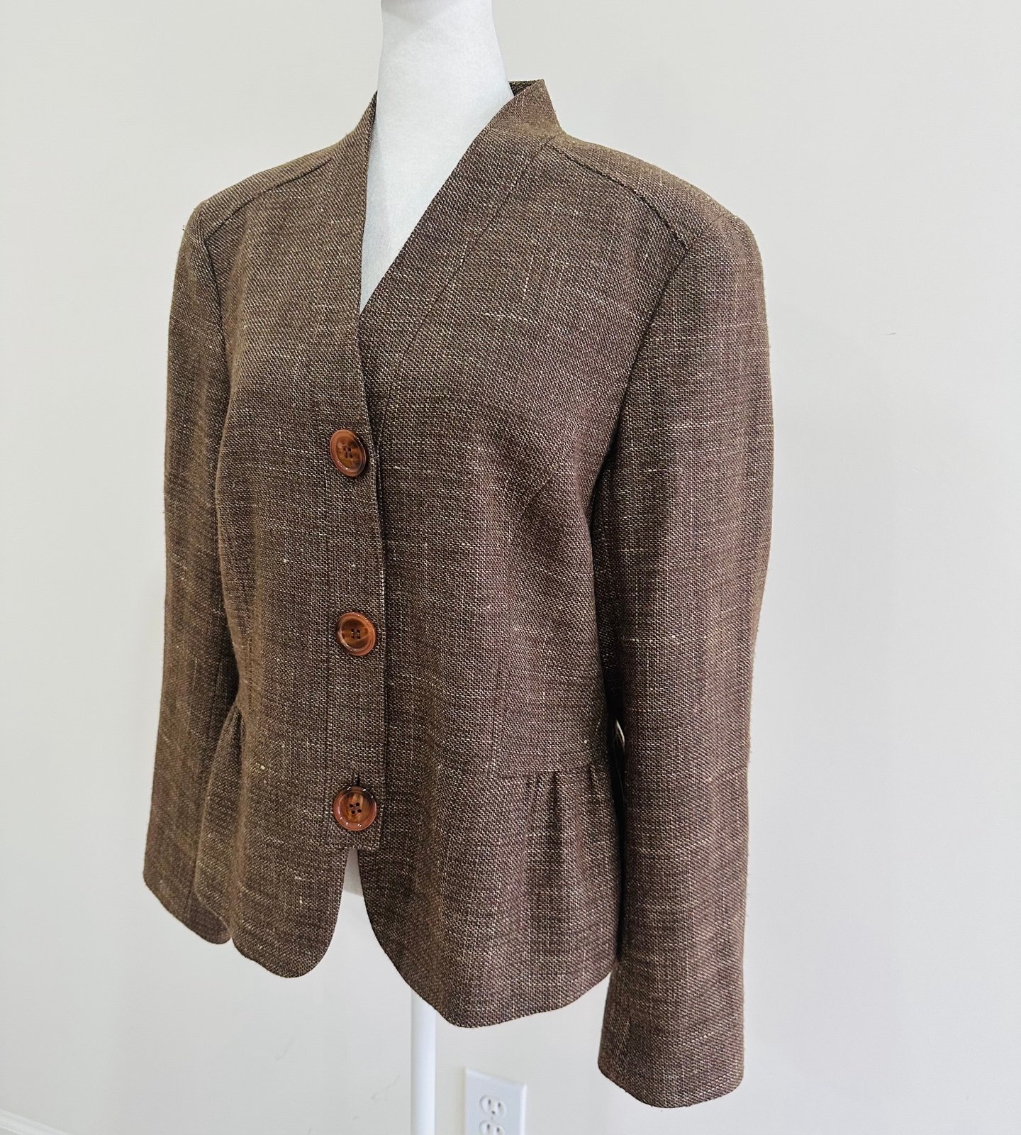 Lafayette 148 Womens Soft Tweed Wool Silk Linen 3 Button Brown Blazer Jacket 12