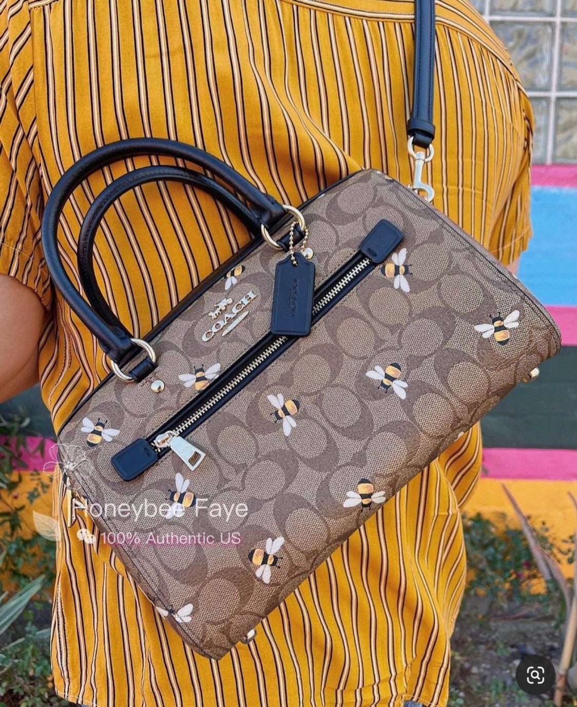 NWT Coach Rowan Satchel In Signature Canvas With Bee Print