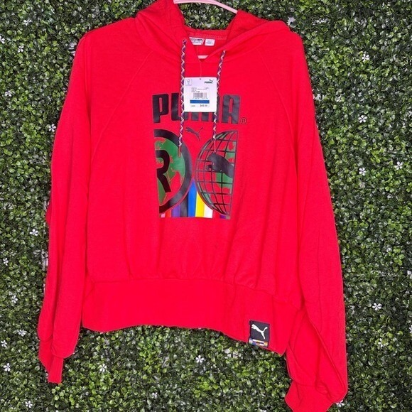 Women's Red Puma cropped hoodie with bold graphic print