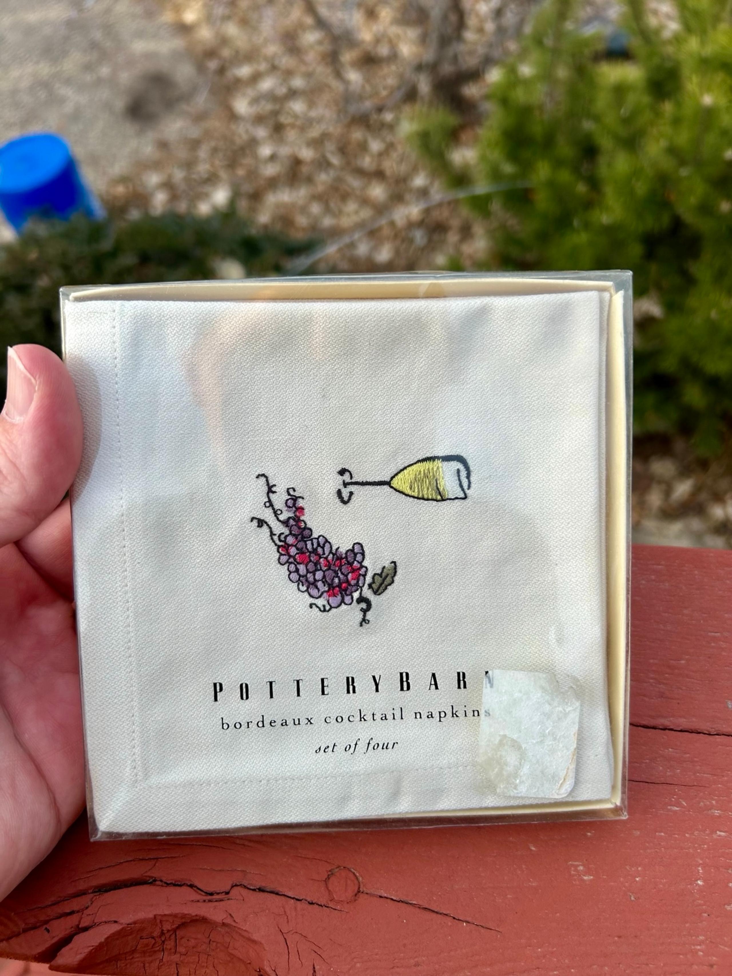 Pottery Barn Cocktail Napkins Embroidered Wine Glasses Natural Color Set of 4