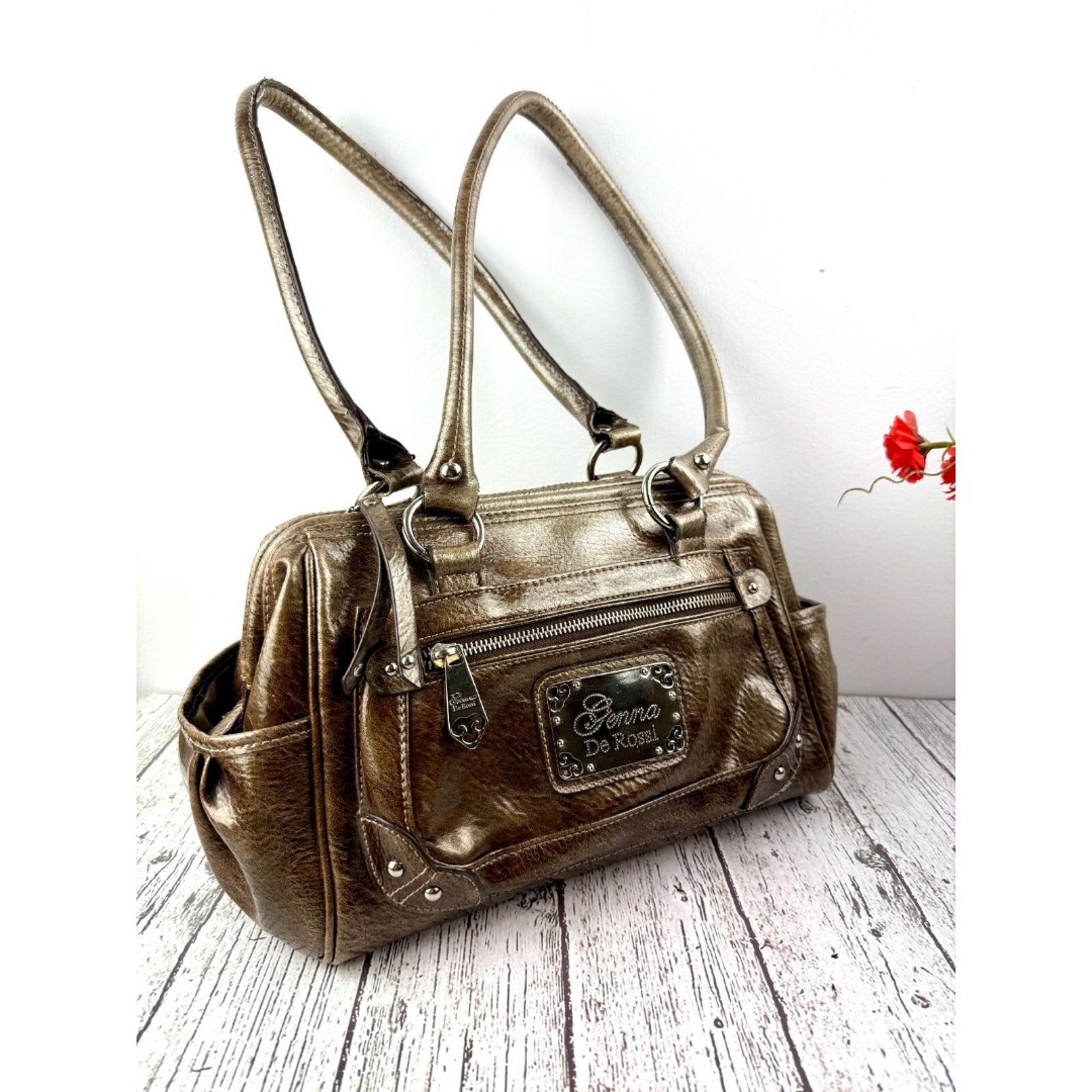 Genna De Rossi Y2K Brown-Gold Patent Leather Satchel Purse Double Handles