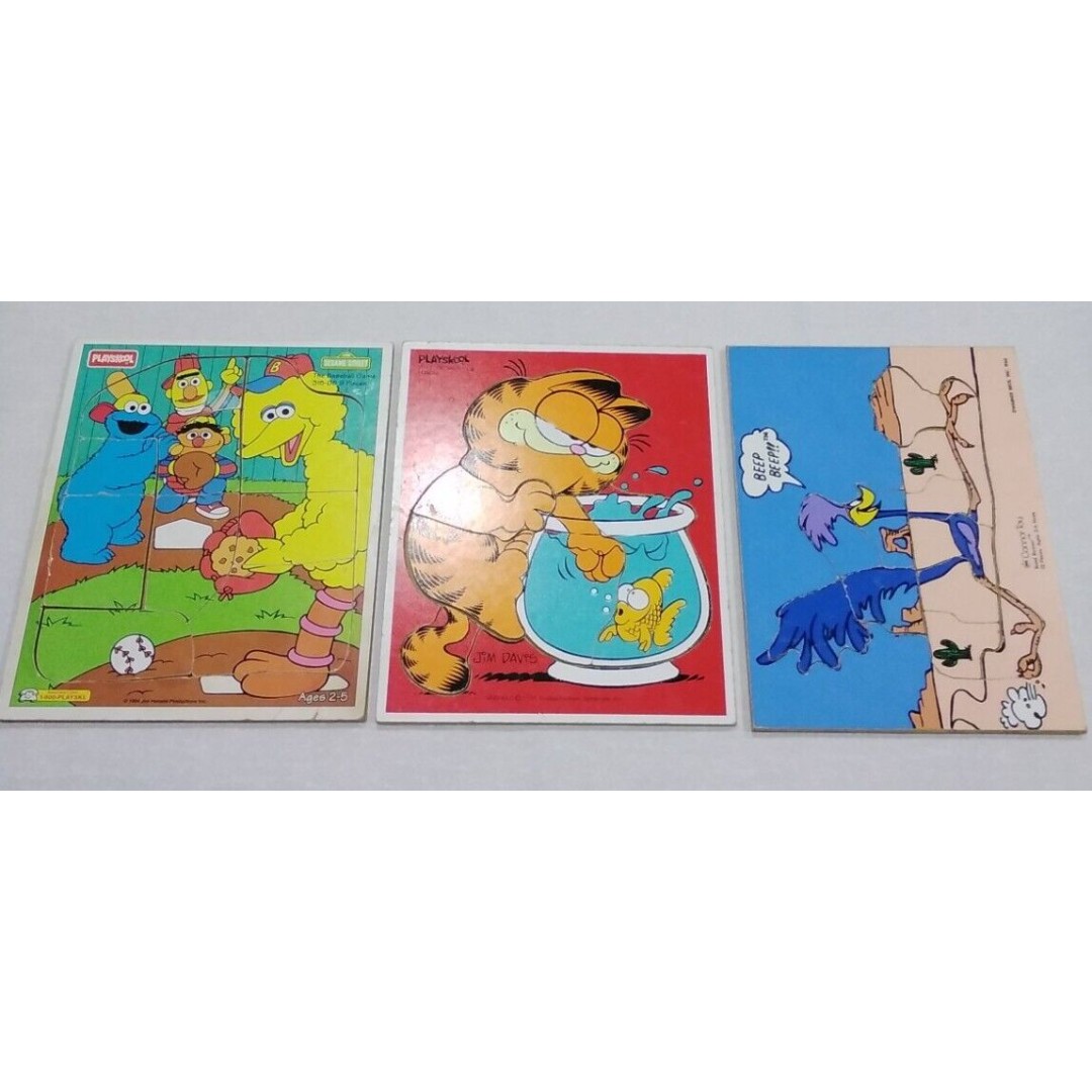 Vintage Lot Of 3 wood puzzles Big Bird Garfield Road Runner