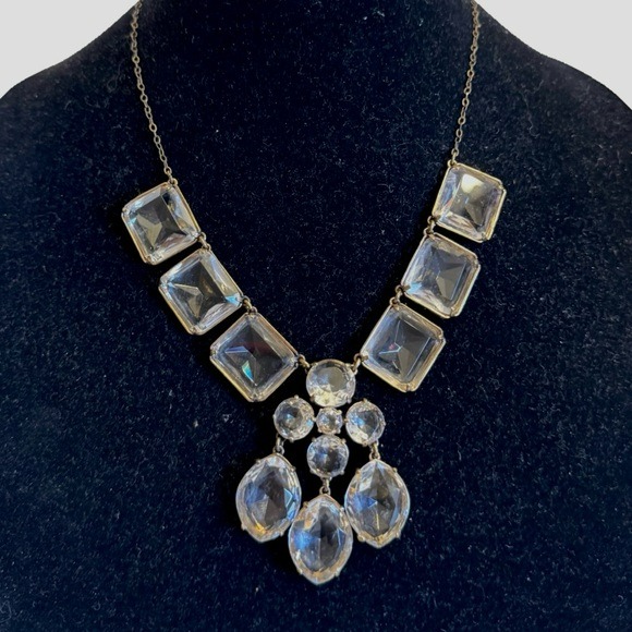 J Crew Bib Necklace Clear Glass Prong Set Rhinestones Square Oval Round Fancy 23
