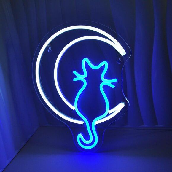New Moon Cat Neon Sign, White & Blue LED Wall Light for Home, Room & Party Décor