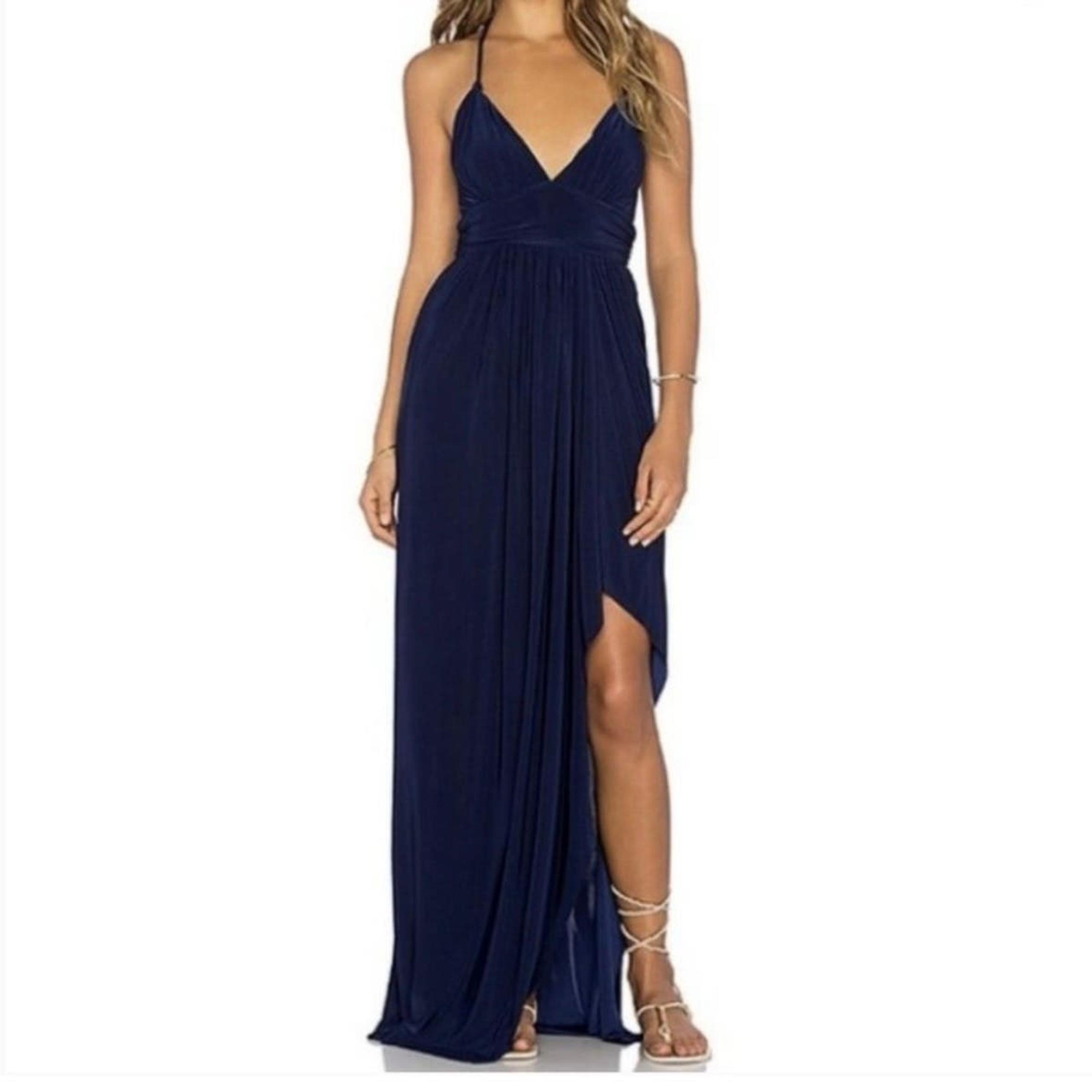 Misa Los Angeles Navy Ever Maxi Dress Leg
Slit Revolve Halter Size Medium