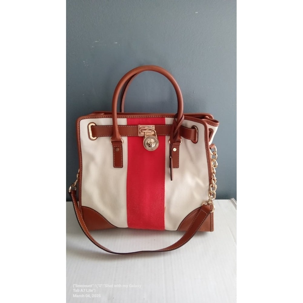 Michael Kors Satchel Shoulder Bag Stripe Canvas Leather Trim Tote Medium