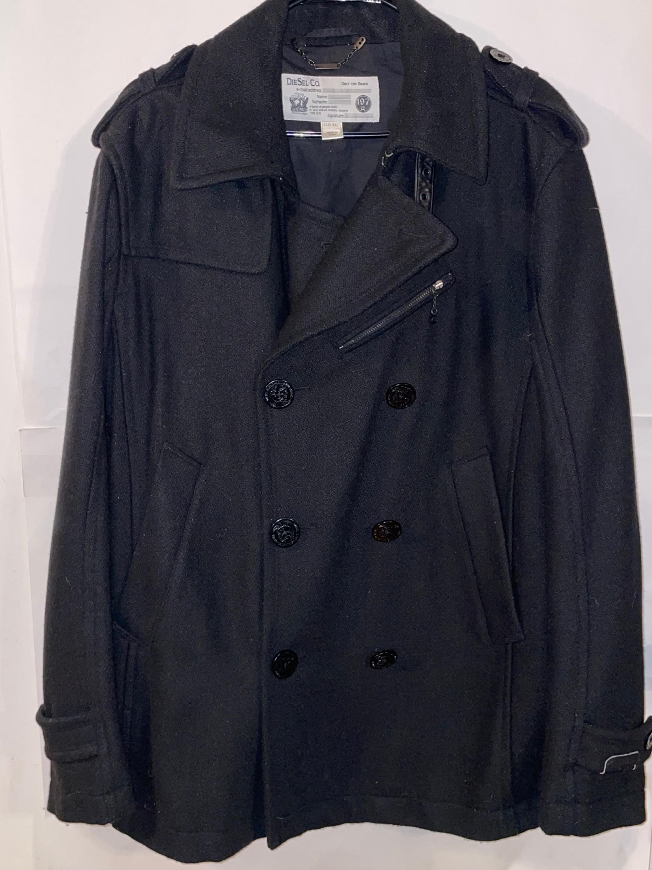 Diesel Men's Size XXL Black Double Breasted Wool Blend Pea Coat