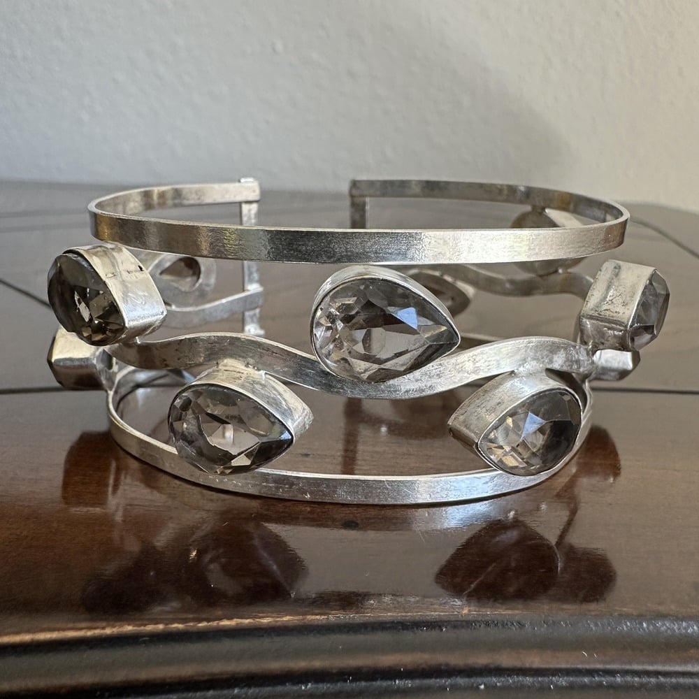 Cuff Bracelet Open Size 7.5 Teardrop Smoky Quartz 10 Gems 925 Sterling 40.9g