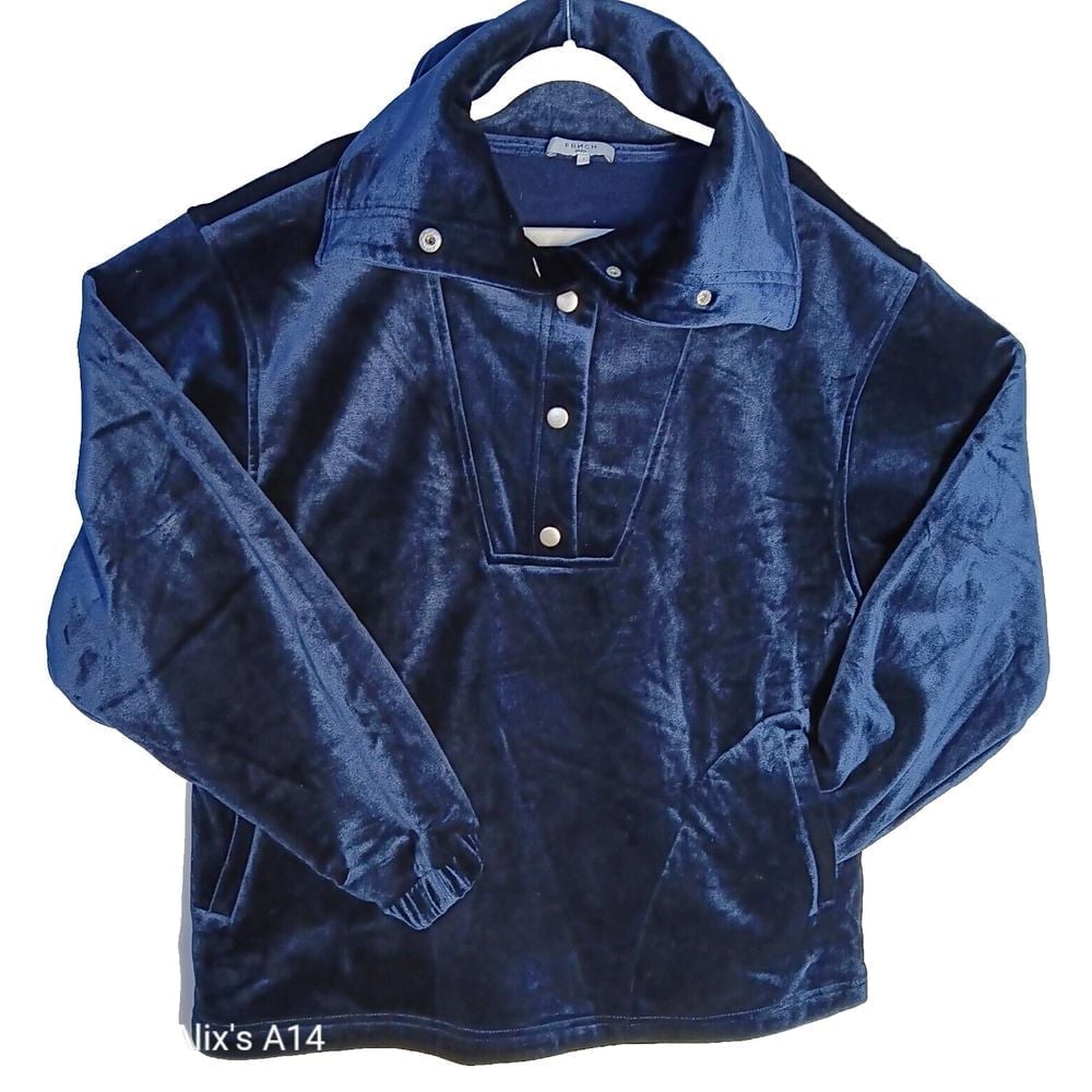 Anthropologie FRNCH Paris Navy Velvety Jacket Women Oversize Pullover Snap Small