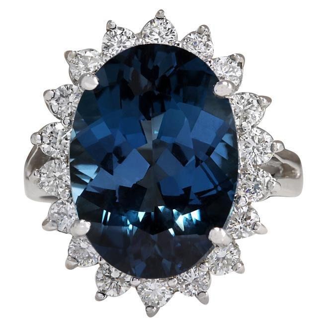 10.45Ct Natural Oval London Blue Topaz & Diamond Halo Solitaire Ring 14k White