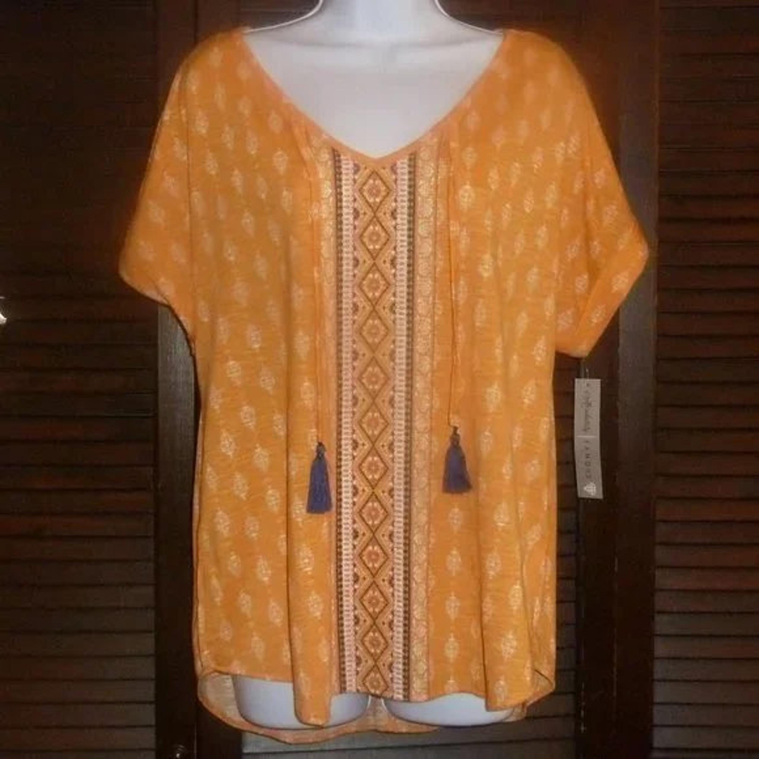 Absolutely Famous Orange Boho Top, Navy Blue Tassels, V-Neck Rolled Sleeve L Nwt