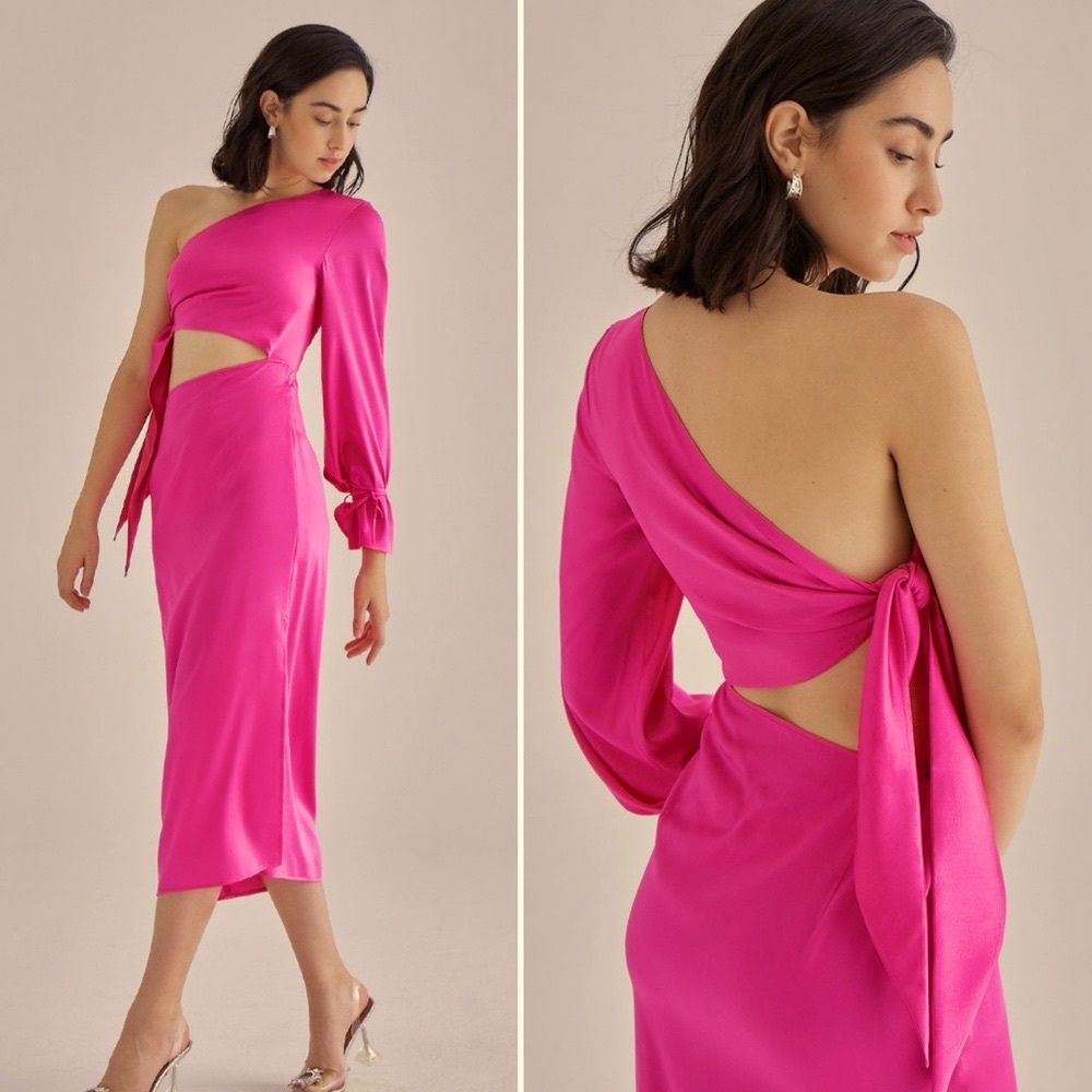 One shoulder wrapped side tie hot pink silk dress, Sz M