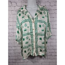 Anthropologie Agathe Marty Celestial Sun Button Down Shirt Top Green/Cream Sz XL