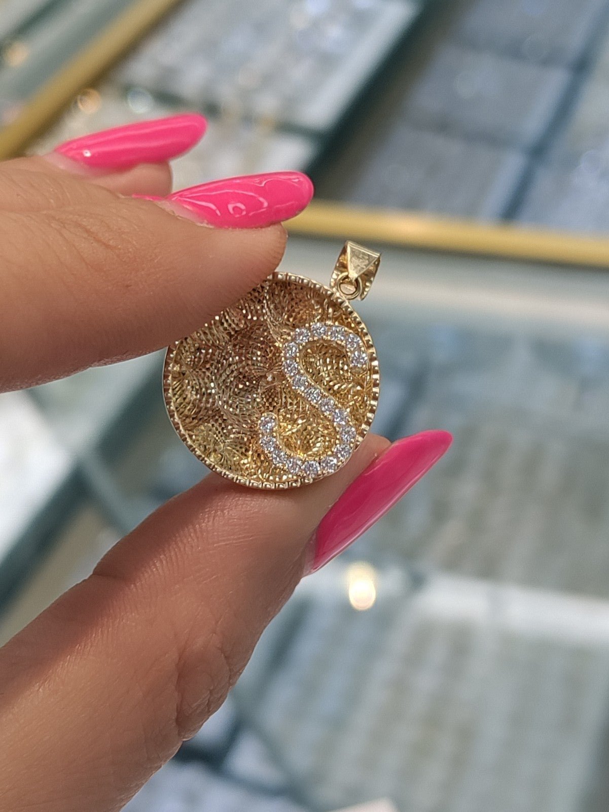 14k initial letter cubic zirconia S round charm pendant