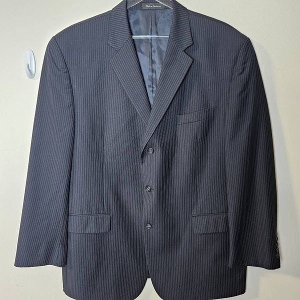 Calvin Klein Sport Coat Blazer Pinstripe Black 100% Wool 3 button Flap Pocket Me