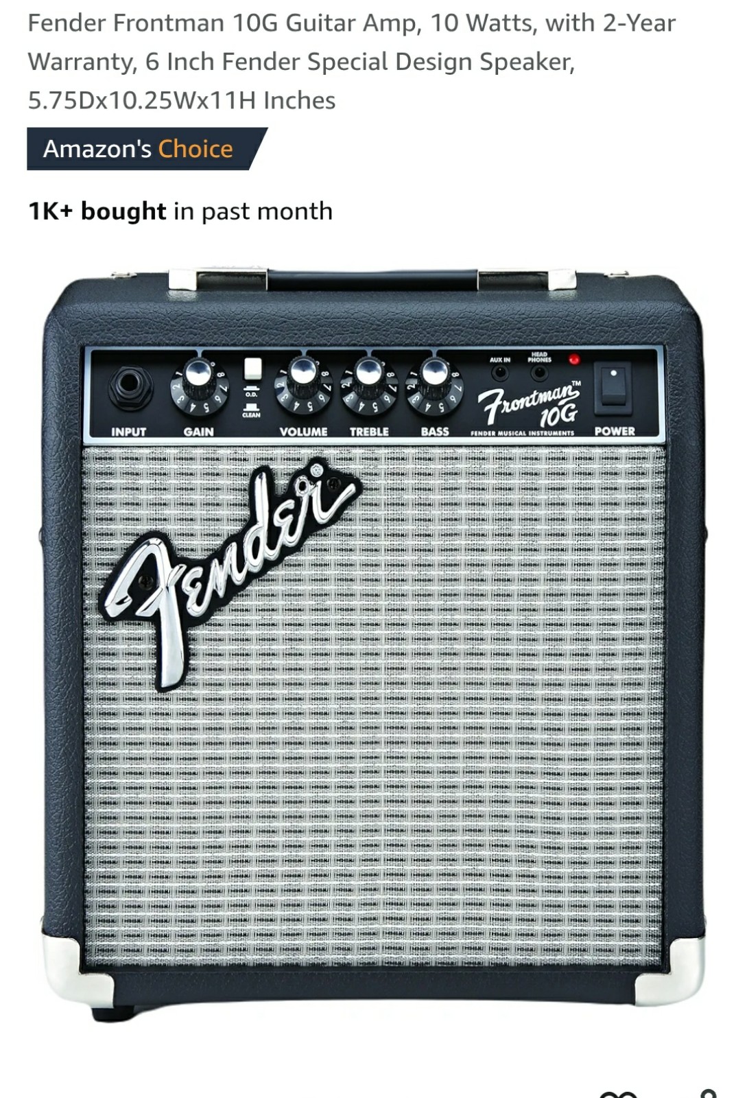 Fender Frontman 10G Guitar Amp, 10 Watts, 6 Inch Fender