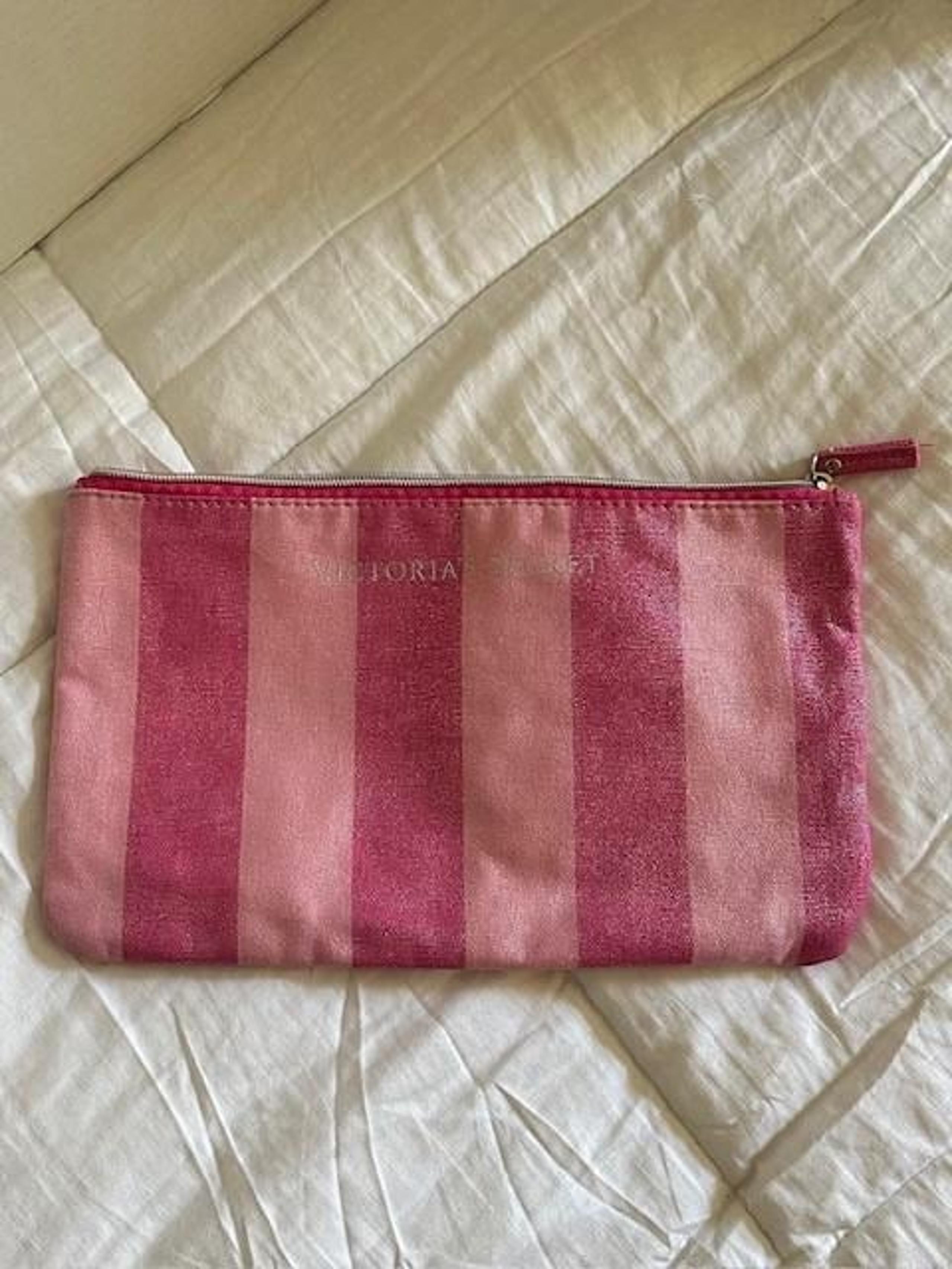 VICTORIA SECRET Signature Pink Striped Travel Cosmetic Makeup Bag 11.5 x 7