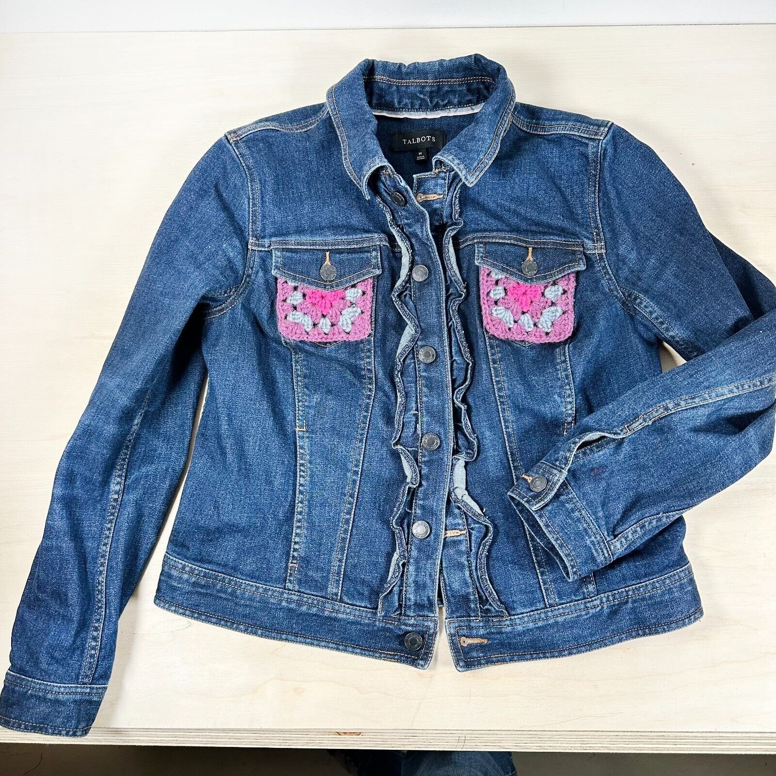 Talbots Ruffle Trim Denim Jean Jacket M Crochet Accents
