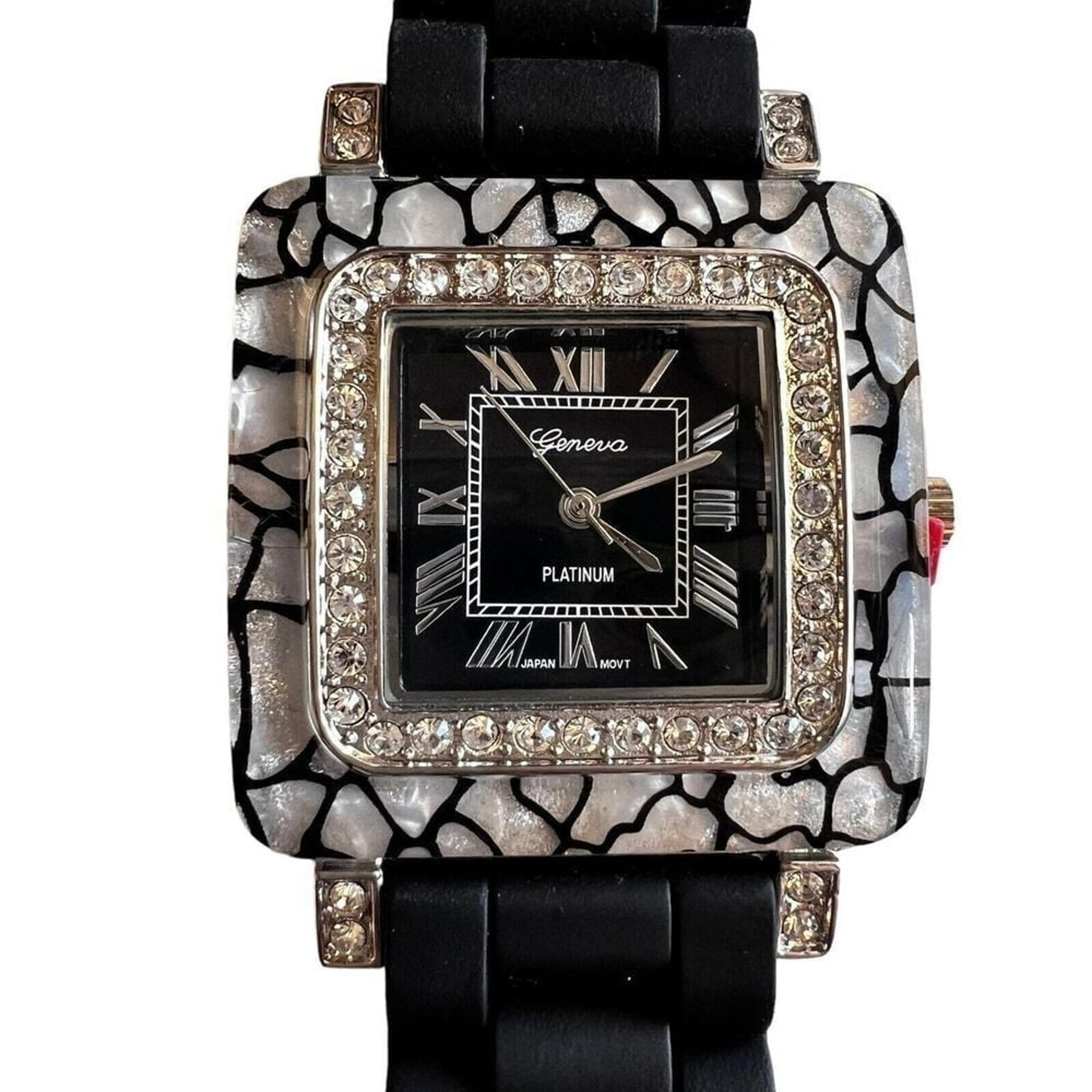 GENEVA PLATINUM 6880 Women's Watch Roman Numerals Black Silicone Band Crystals