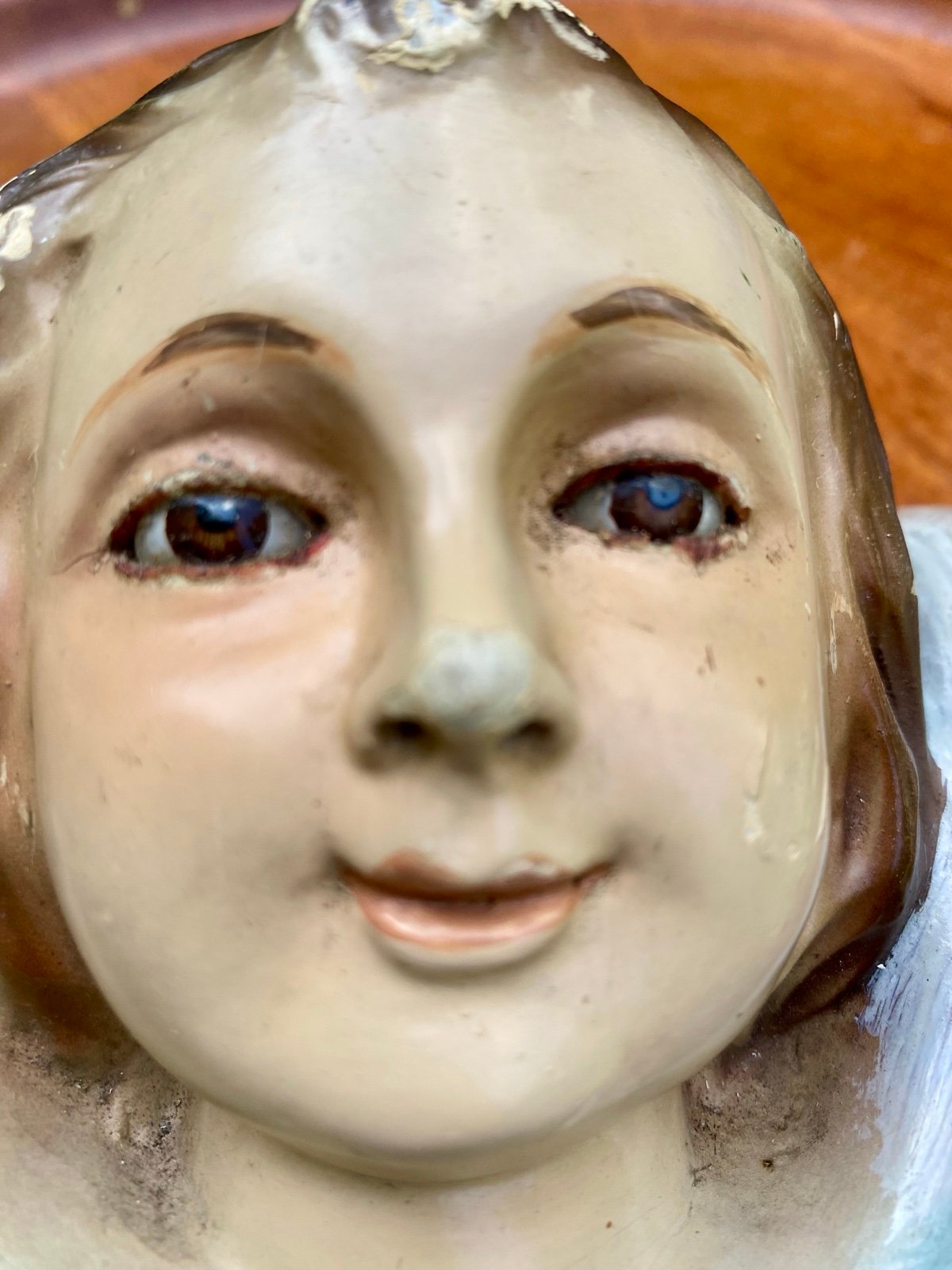 Vintage Polychrome Putti Angel Head Glass Eyes Carved Wood