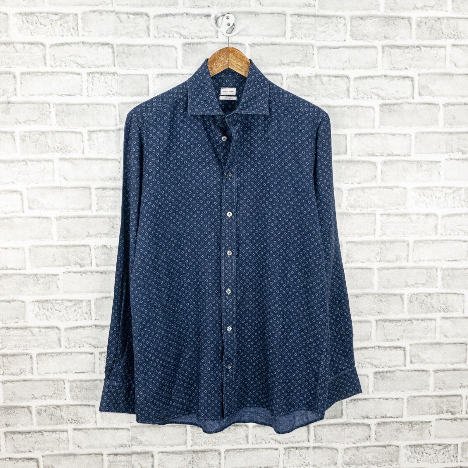 LUCIANO BARBERA Men's 100% Linen Button up Shirt Blue geo print made in Italy M