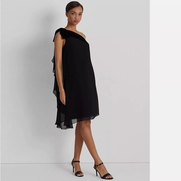 NWT Lauren Ralph Lauren Women's Georgette One-Shoulder Dress Black 10