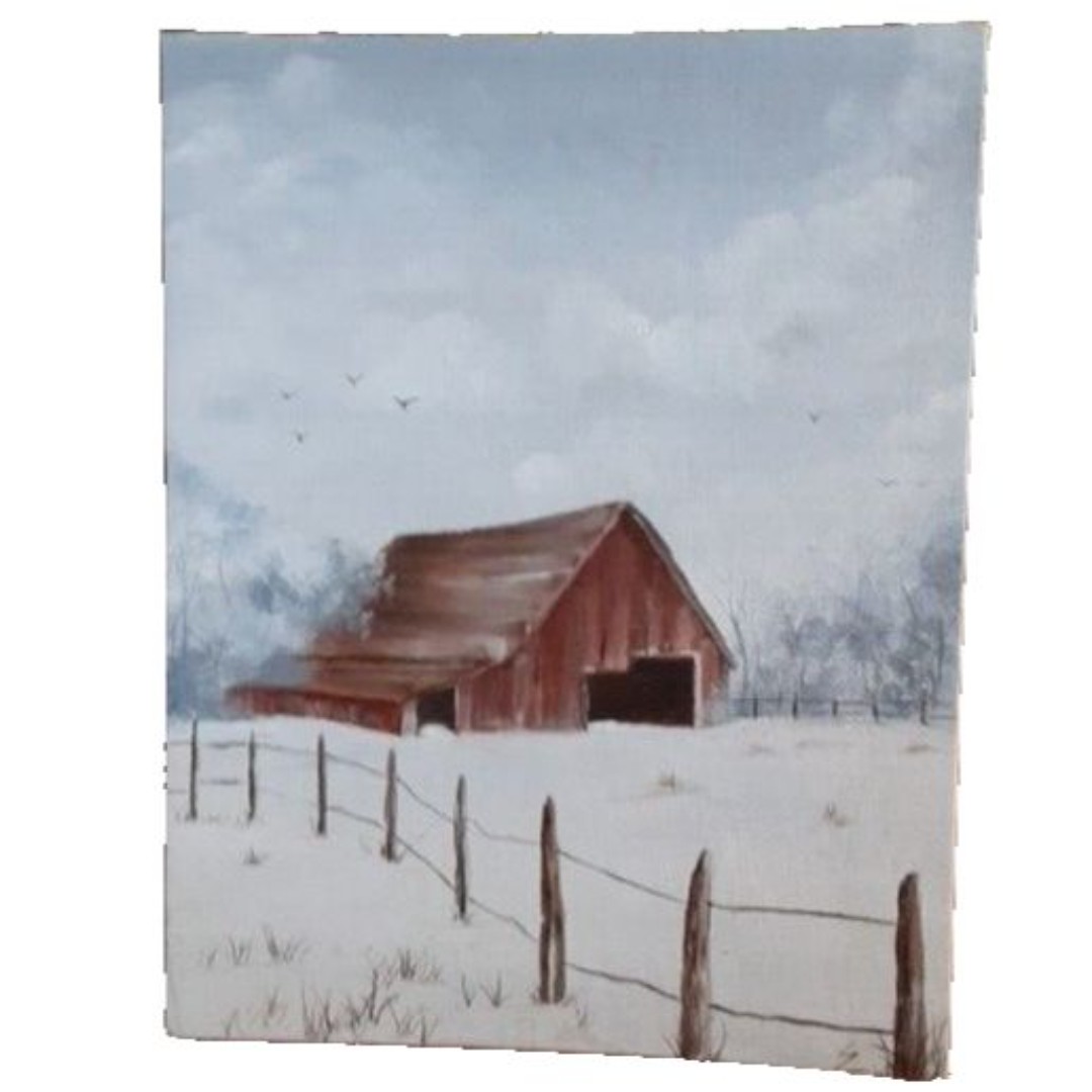 Original primitive oil? landscape painting 14X11 red barn winter setting